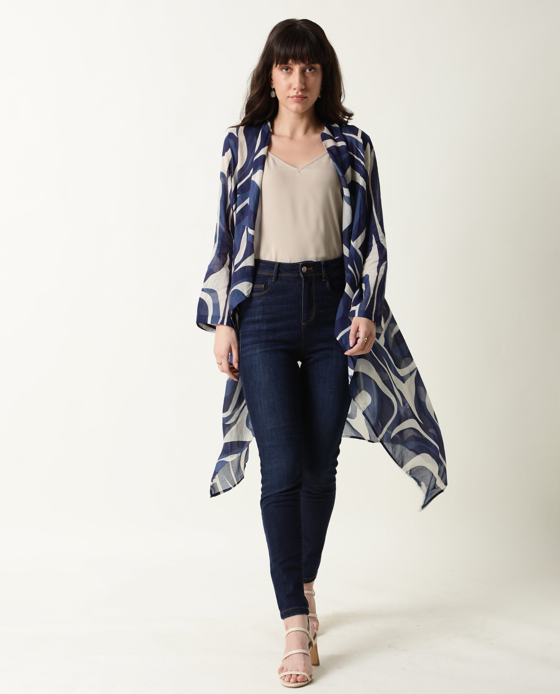 Rareism Women Bohem Blue Overlayer Full Sleeves Printed