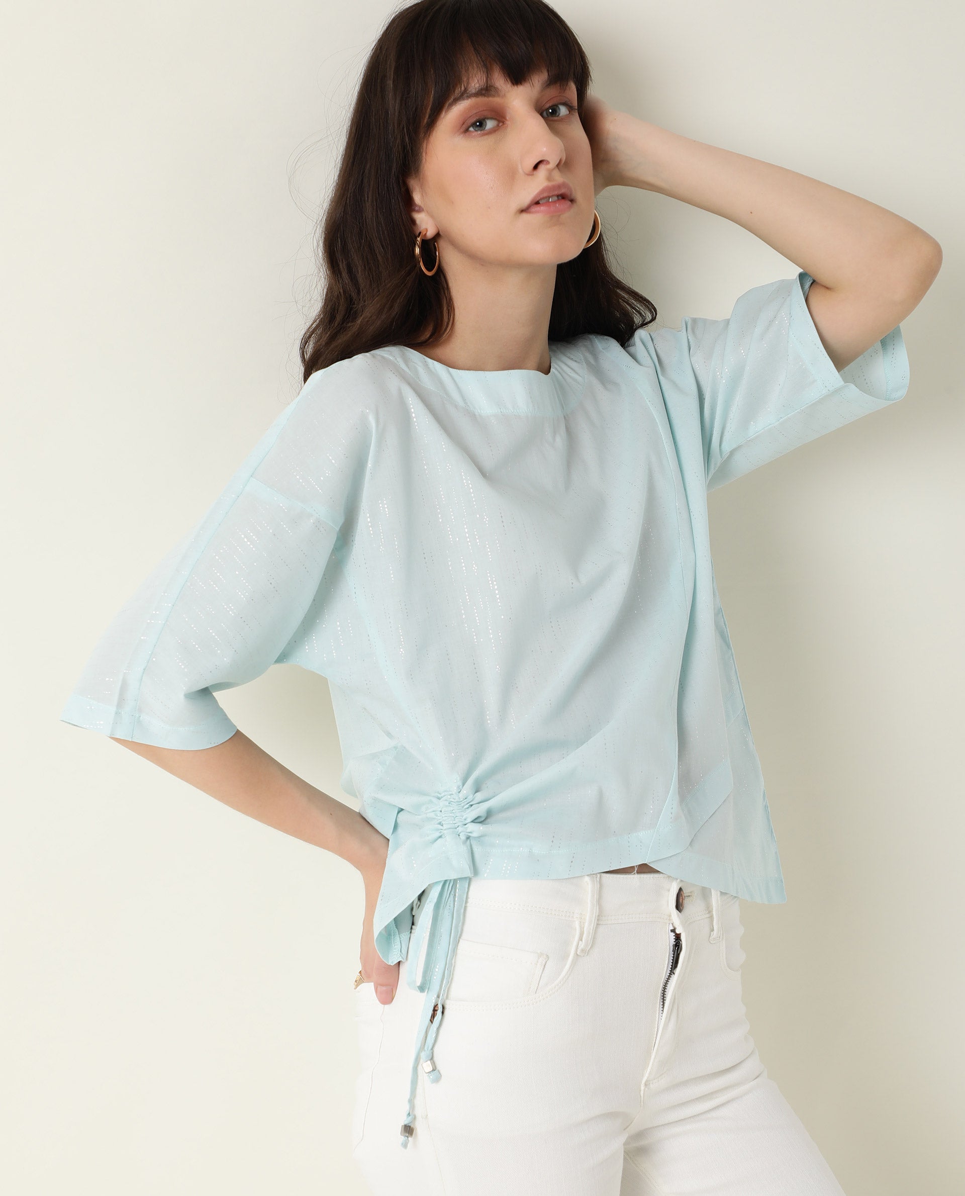 Rareism Women Xerox Light Turq Cotton Fabric Regular Fit Boat Neck Half Sleeves Solid Top