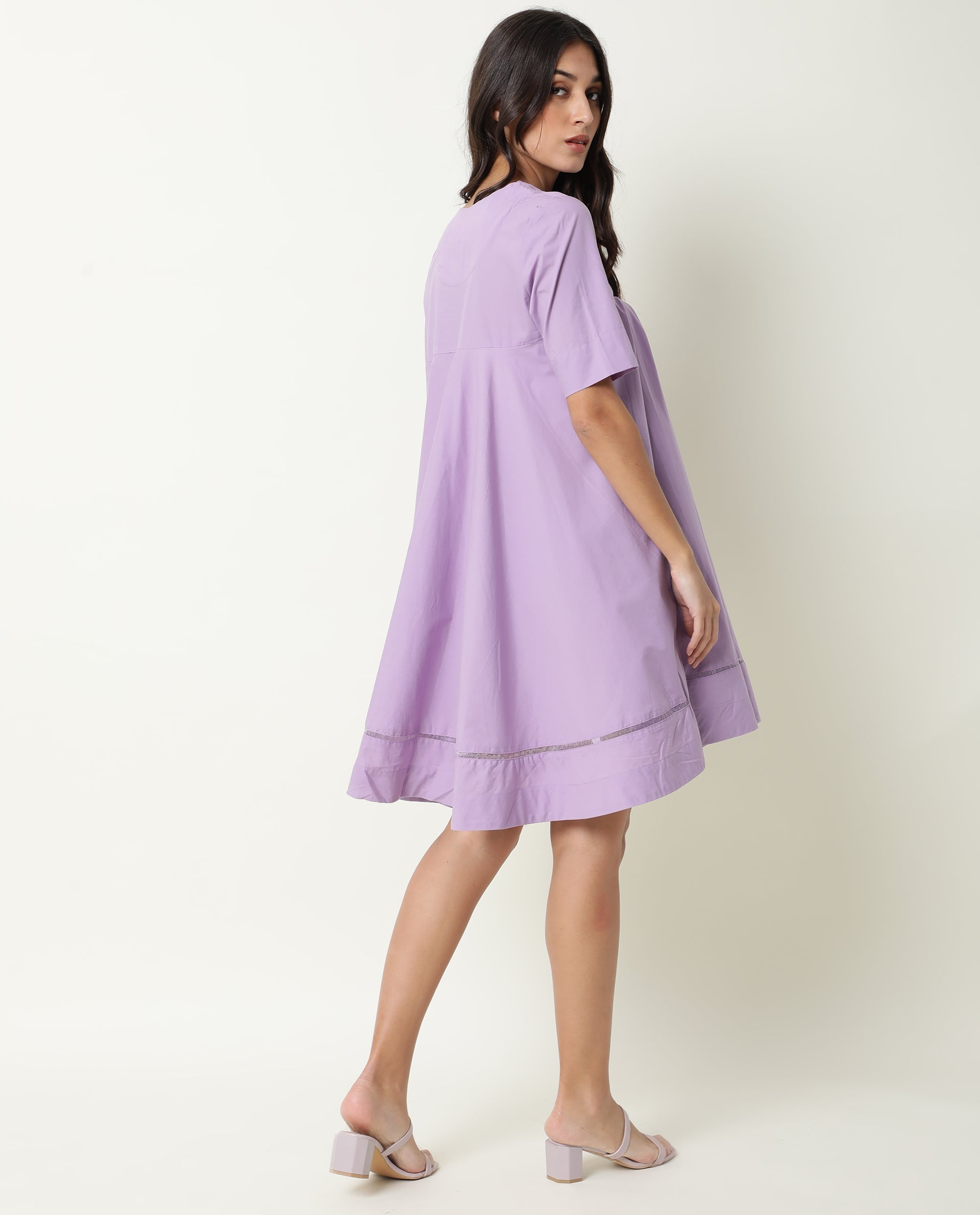 Rareism Women Scream Pastel Purple Cotton Fabric Half Sleeves Ruffled Neck Solid Knee Length Dress