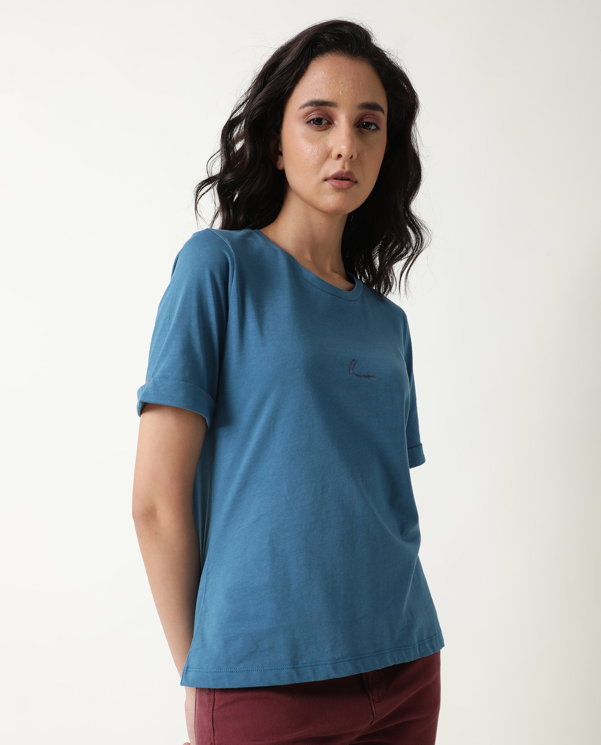 Rareism Women Nova Tee 2 Blue Cotton Fabric Regular Fit Half Sleeves Solid Round Neck T-Shirt