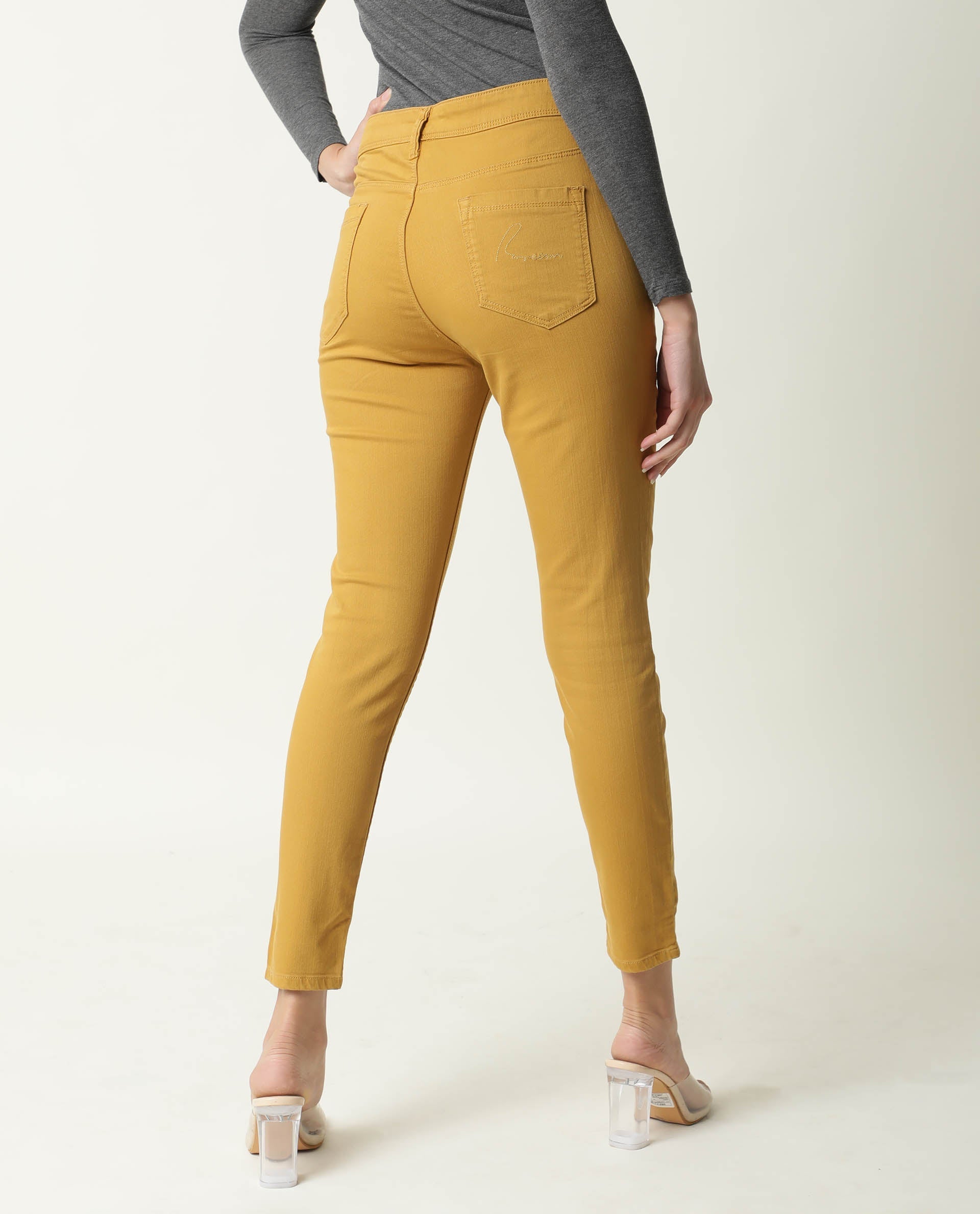 Rareism Women Metty Mustard Cotton Lycra Fabric Mid Rise Solid Slim Fit Ankle Length Jeans