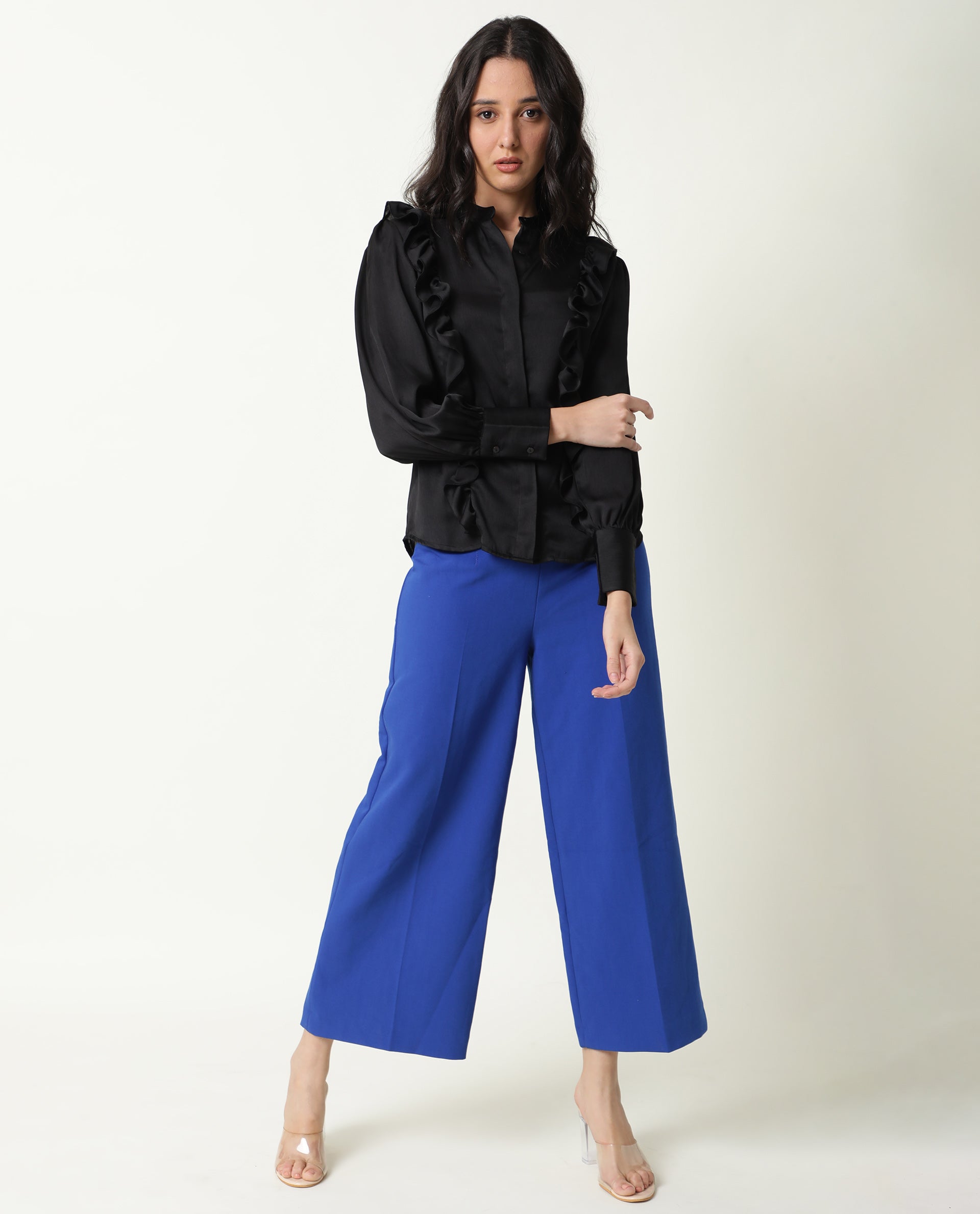 Rareism Womens Chamomile Black Top Polyester Fabric  Fit Regular Sleeves Mandarin Neck