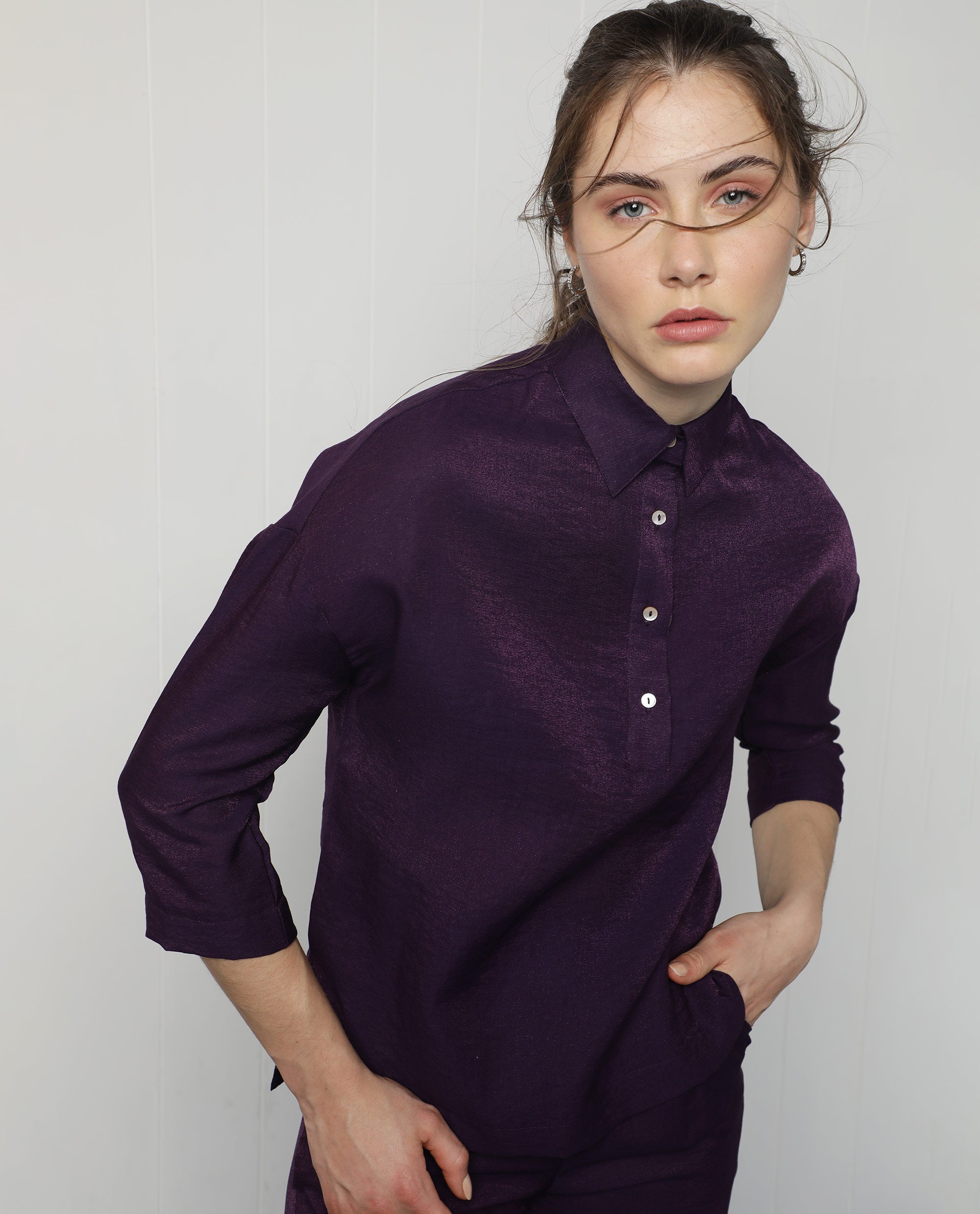 Rareism Women Velynn Dark Purple Polyester Fabric Regular Fit Shirt Collar 3/4Th Sleeves Solid Top