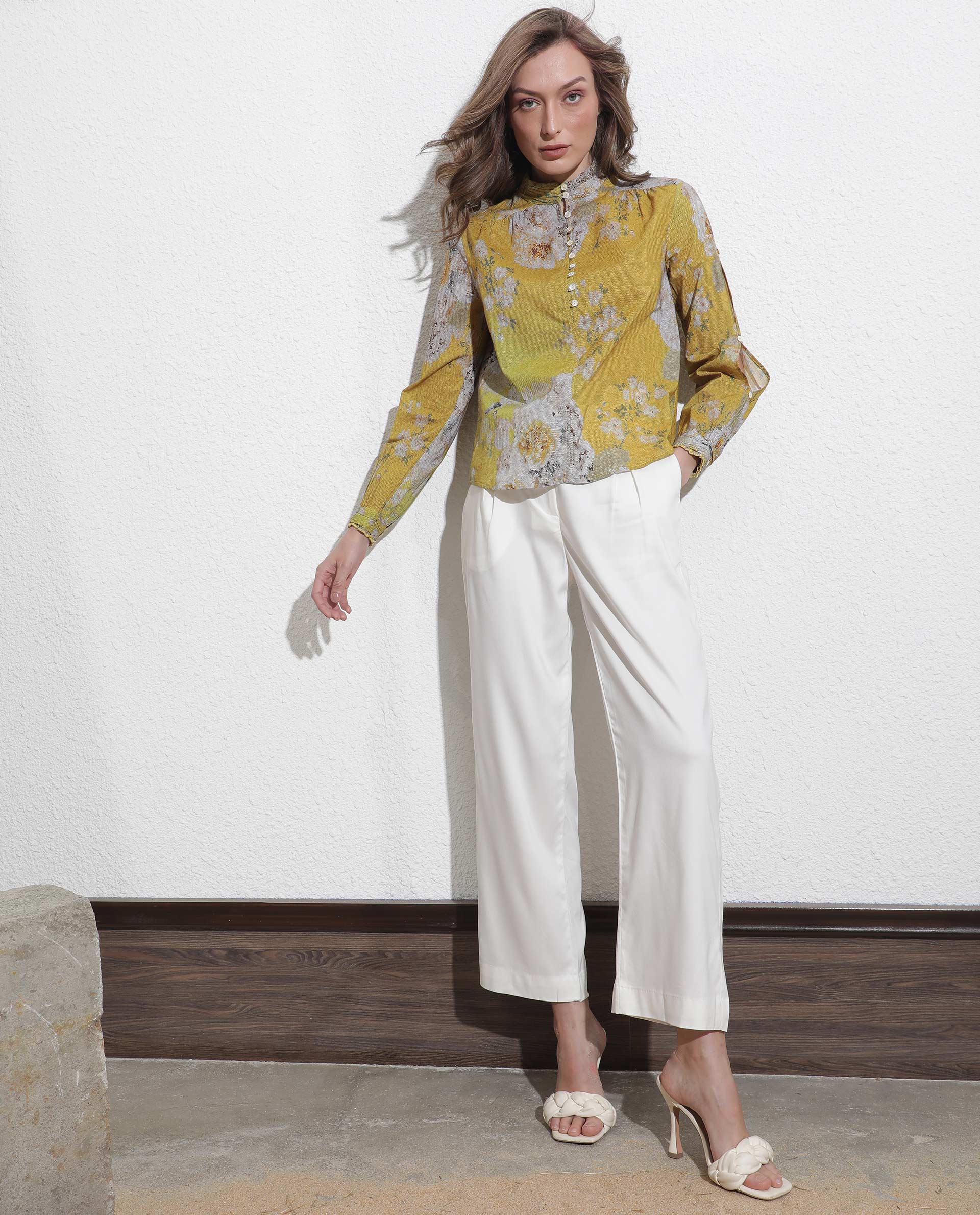 Rareism Women Morgan Dark Yellow Cotton Fabric Regular Fit High Neck Full Sleeves Floral Print Top