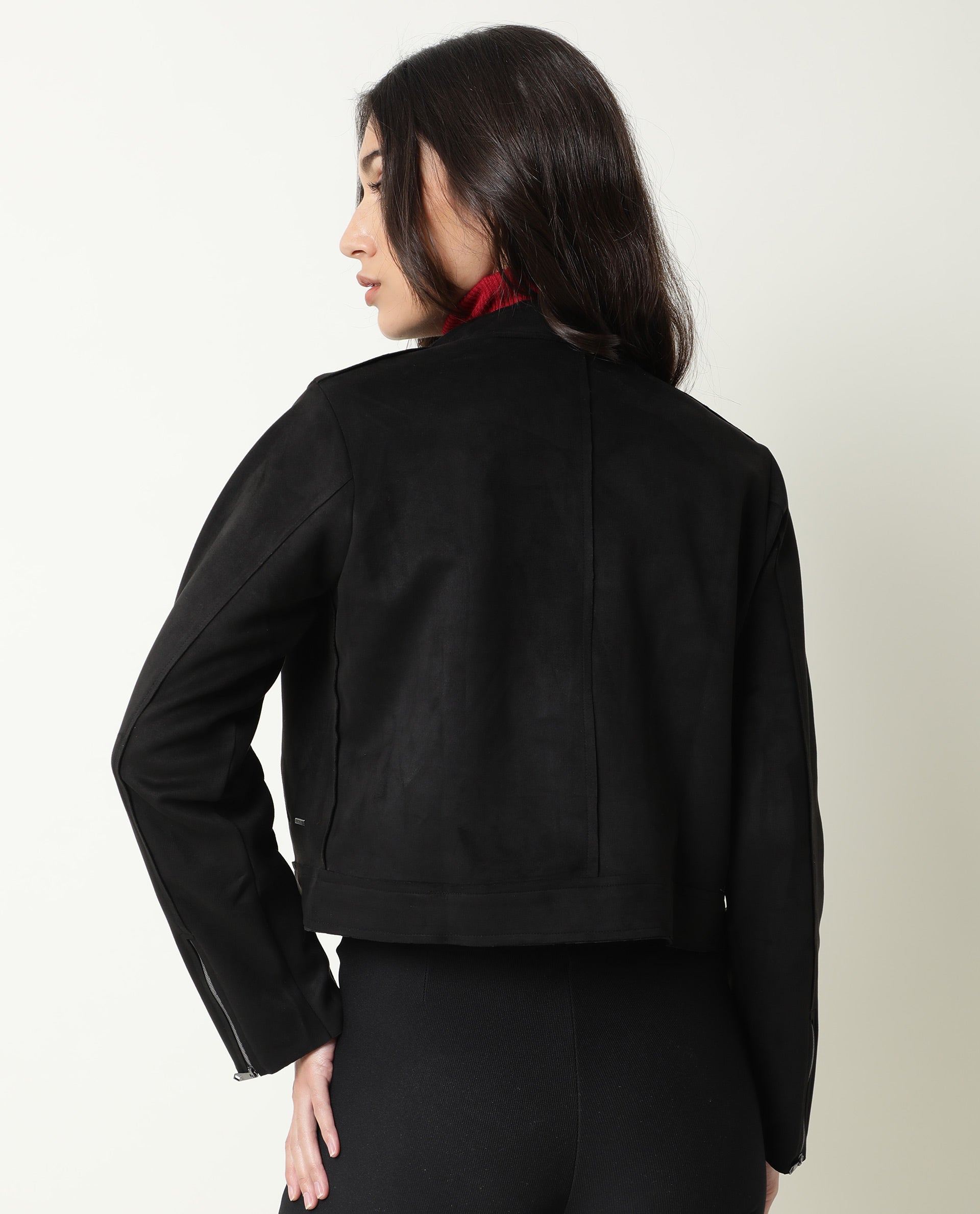 Rareism Women Everlee Black Polyester Fabric Full Sleeves Solid Mandarin Collar Jacket