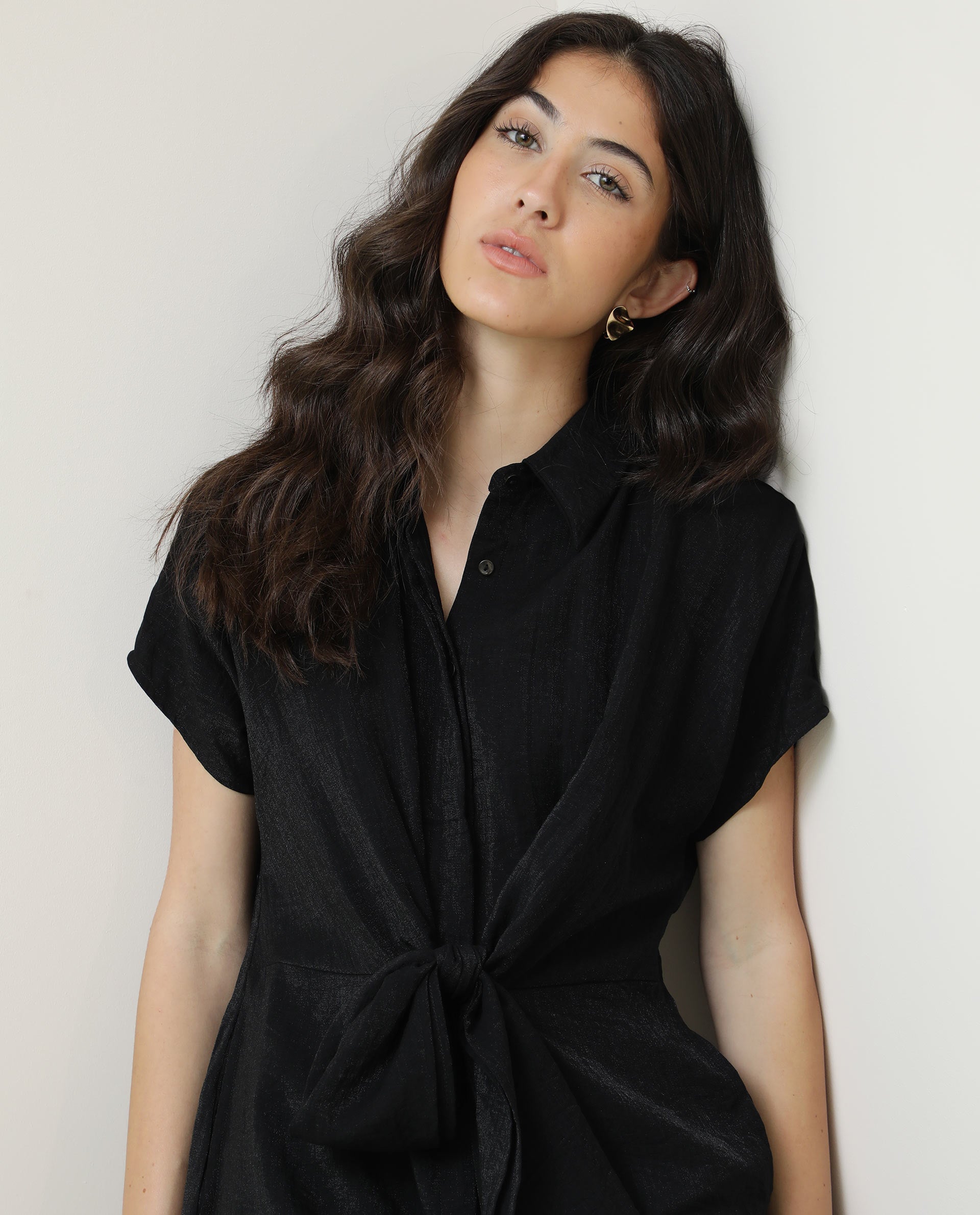 Rareism Women Kori Black Dress Rayon Nylon Fabric Full Sleeves Solid