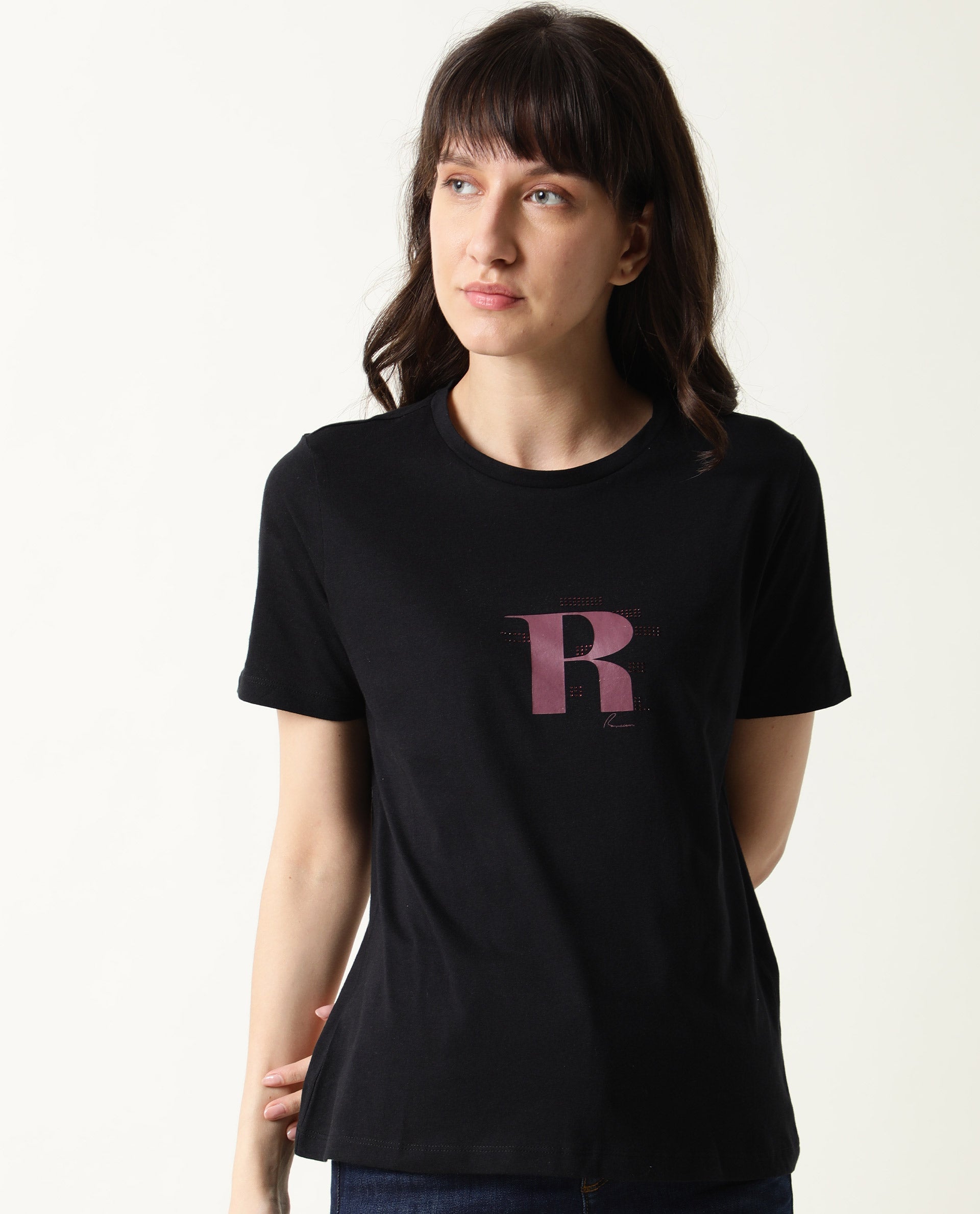 Rareism Women Moes Black Cotton Fabric Regular Fit Half Sleeves Geometric Print Round Neck T-Shirt