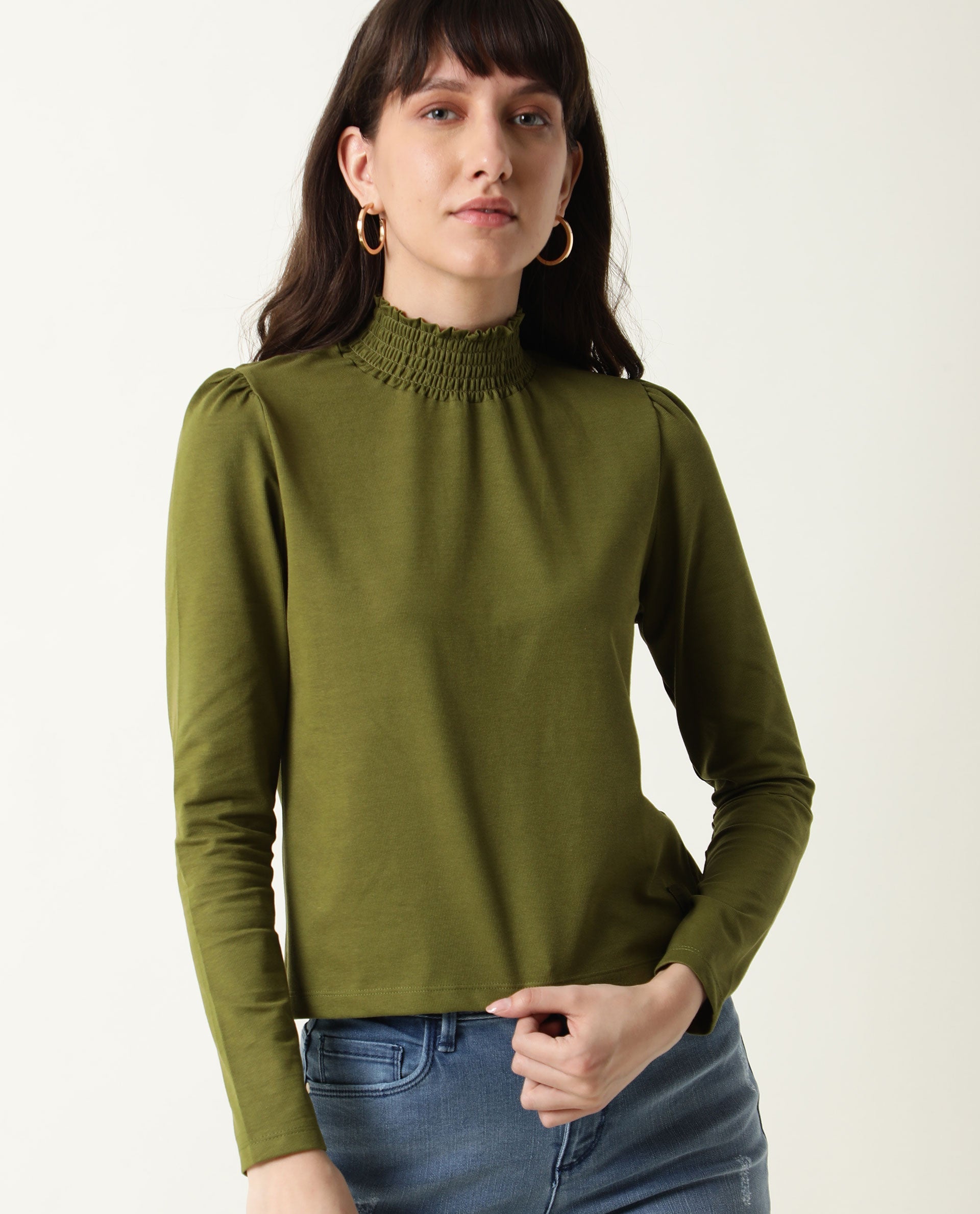 Rareism Women Spinny Olive T-Shirt Full Sleeves