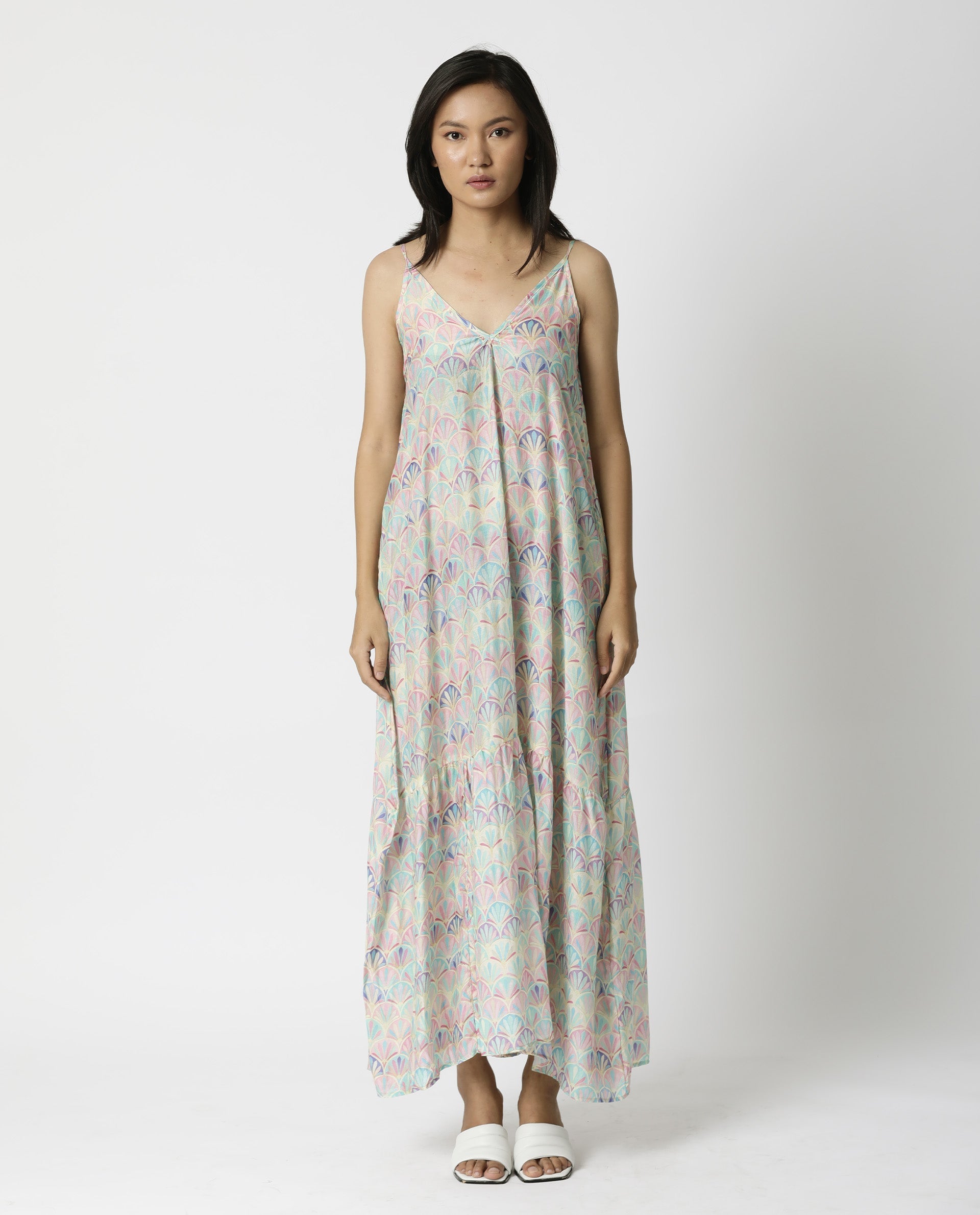 Rareism Women Prima Pink V Neck Spaghetti Back Tie Up Straps With Pockets Tiered Maxi Dress