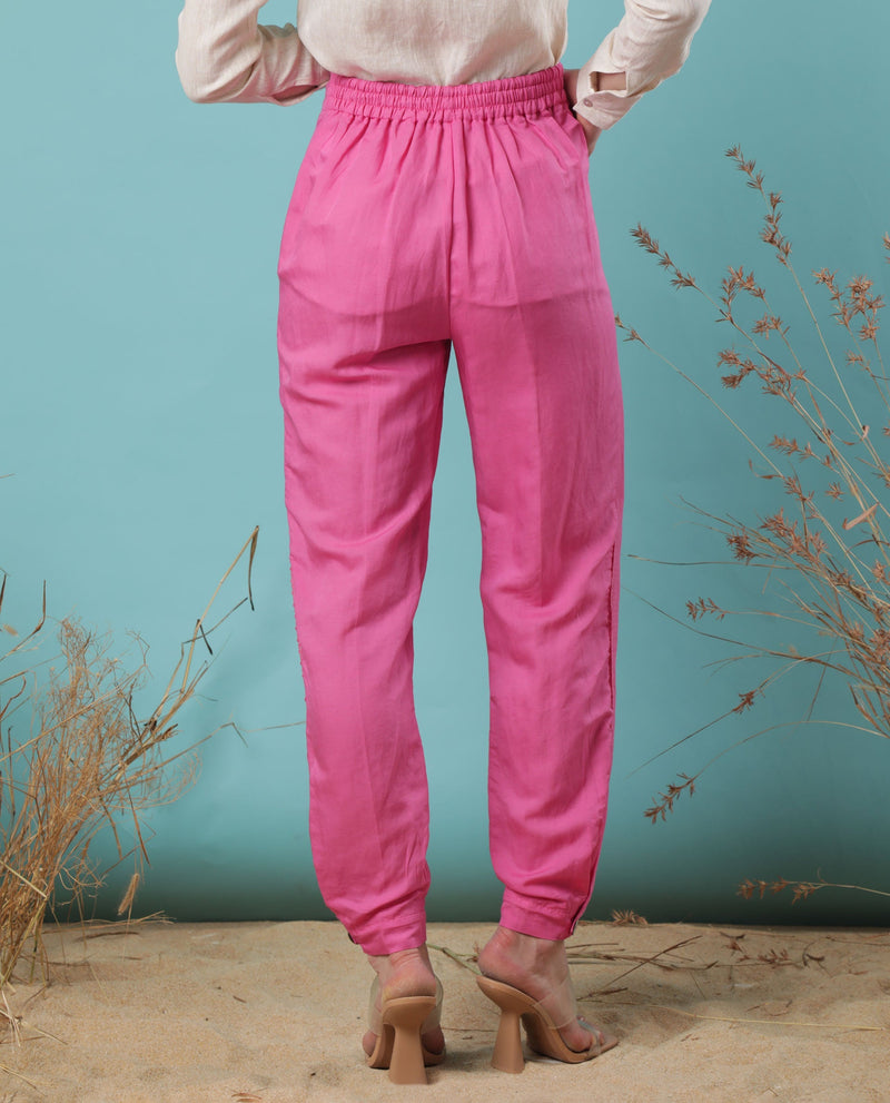 Rareism Women Erin Flouroscent Pink Modal Linen Fabric Tailored Fit Mid Rise Solid Ankle Length Trousers