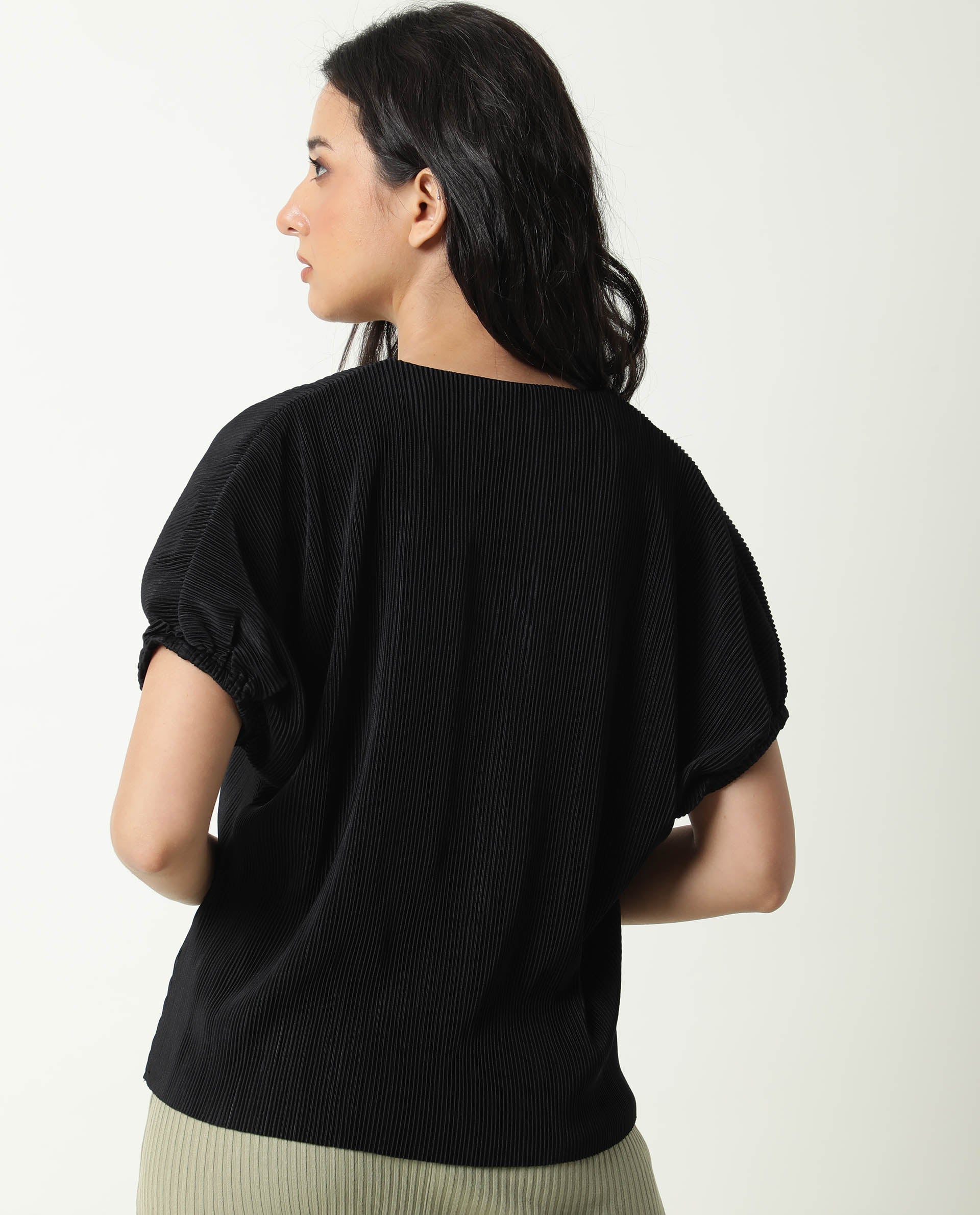 Rareism Womens Soho Black Top Polyester Fabric Regular Fit Extended Sleeves Round Neck