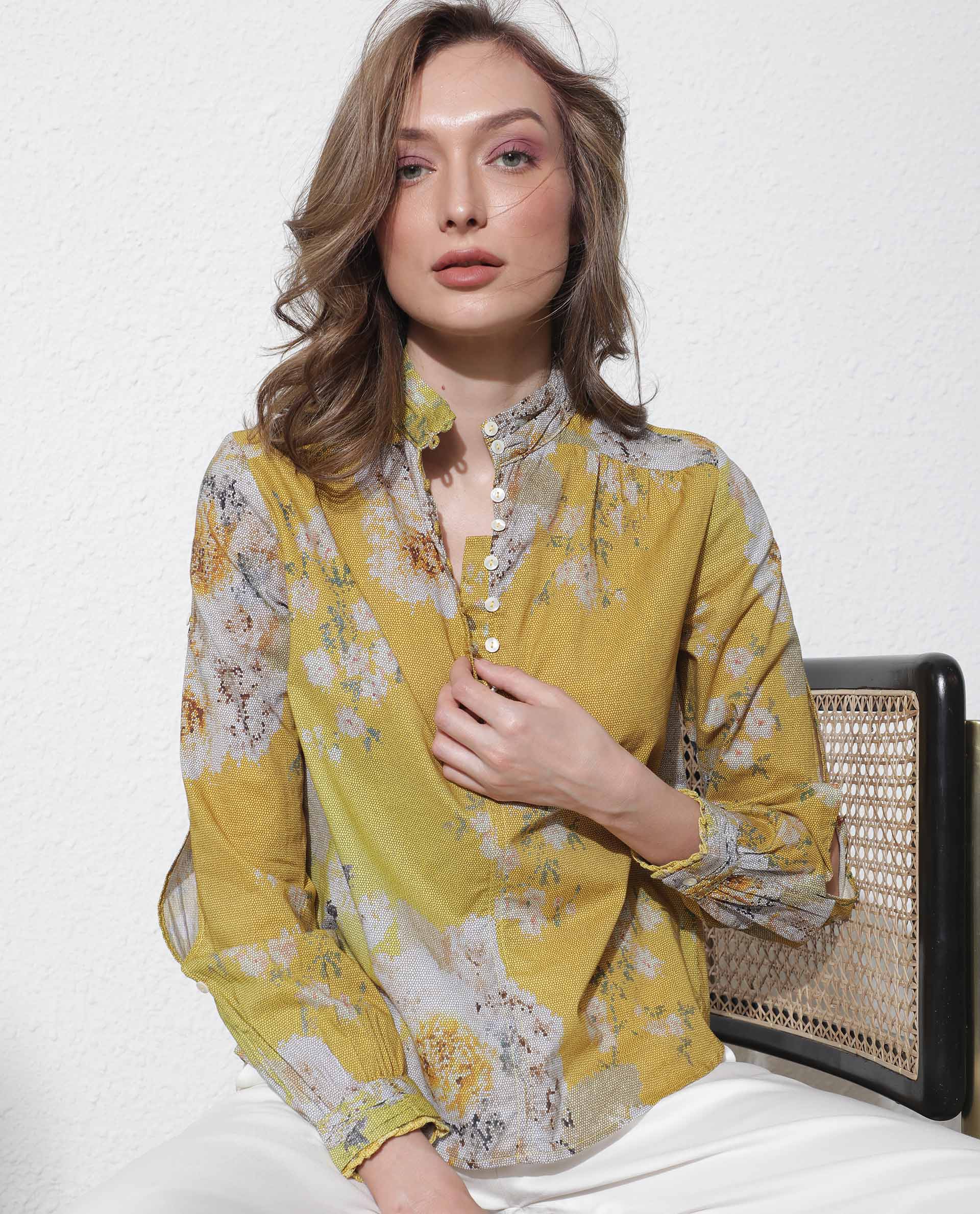 Rareism Women Morgan Dark Yellow Cotton Fabric Regular Fit High Neck Full Sleeves Floral Print Top