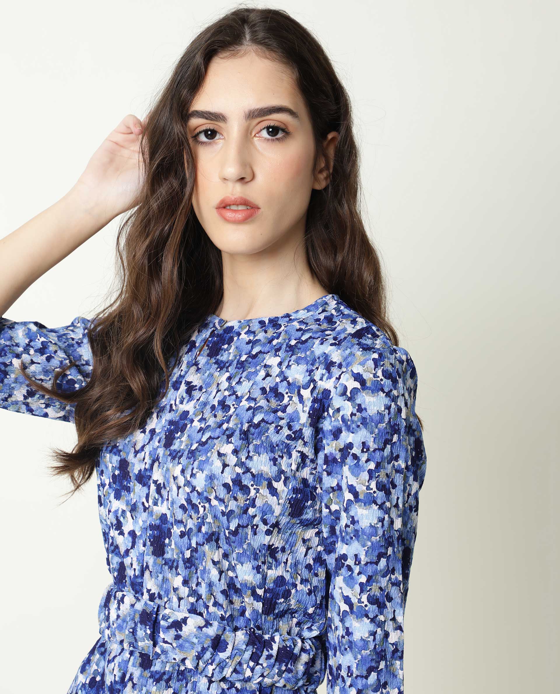 Rareism Womens Maisey Blue Dress Polycoton  Fabric  Half Sleeve Round Neck