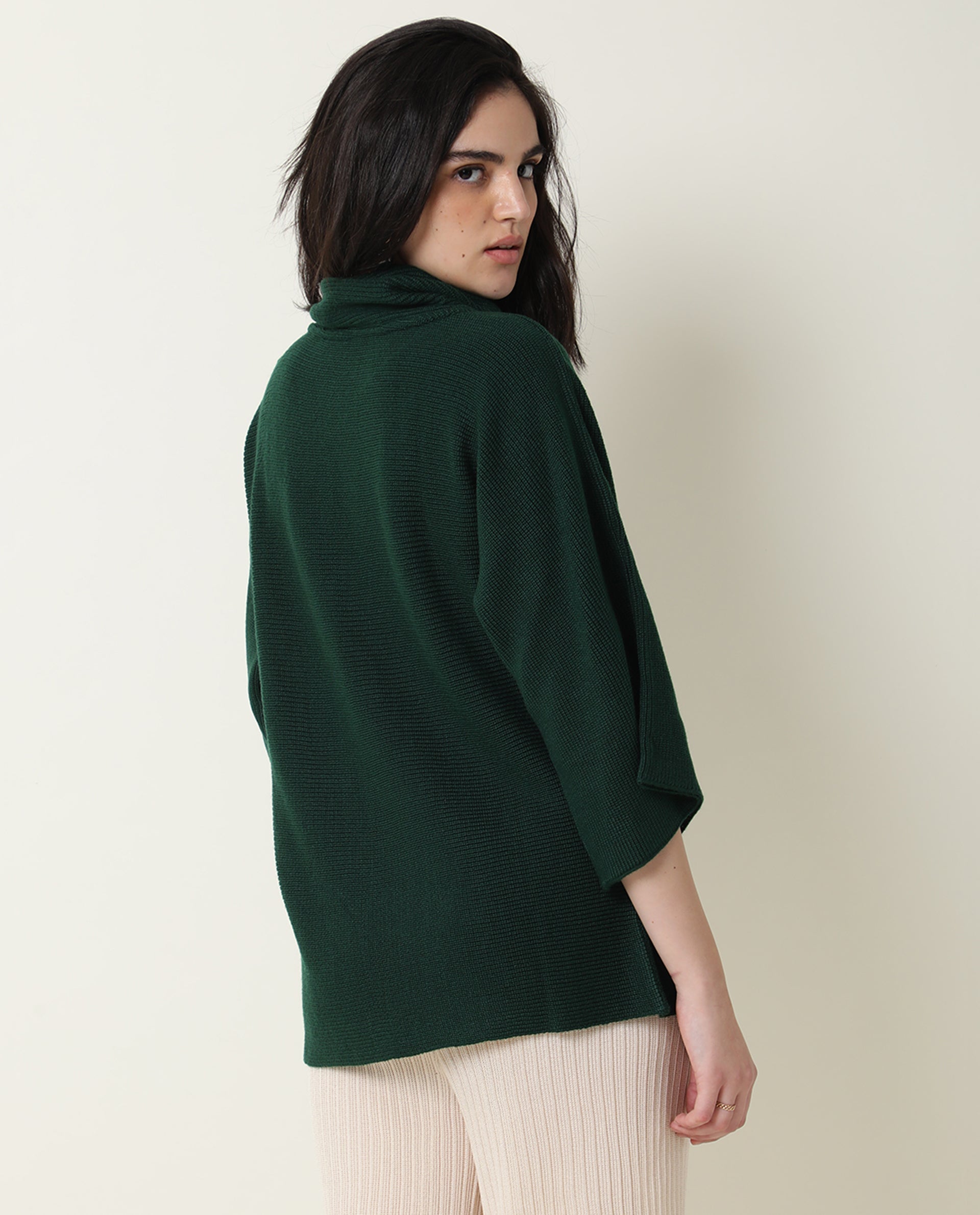 Rareism Women Sasho Green Acrylic Fabric 3/4Th Sleeves Relaxed Fit Solid Cowl Neck Sweater