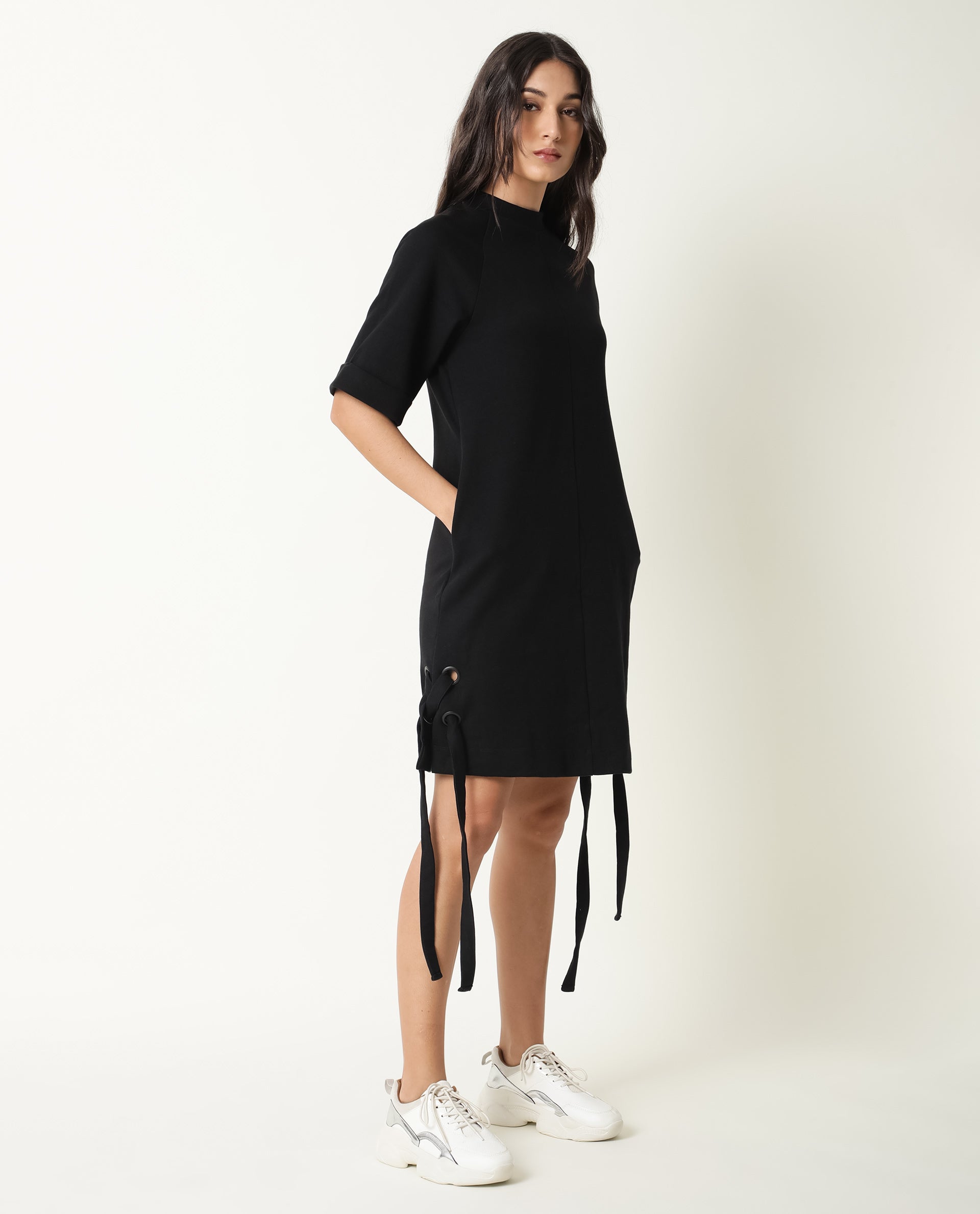 Rareism Womens Inari Black Dress Cotton Fabric Normal Fit Raglan Sleeves Round Neck