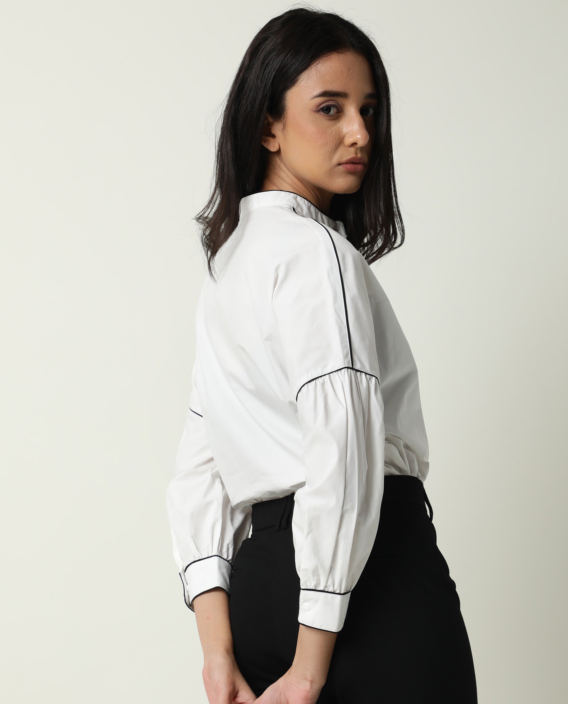 Rareism Womens Baki White Top Cotton Fabric Regular Fit Cuffed Sleeve Collared Neck