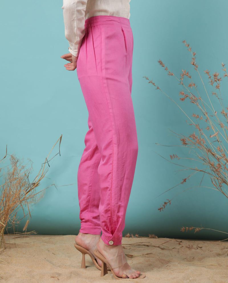 Rareism Women Erin Flouroscent Pink Modal Linen Fabric Tailored Fit Mid Rise Solid Ankle Length Trousers