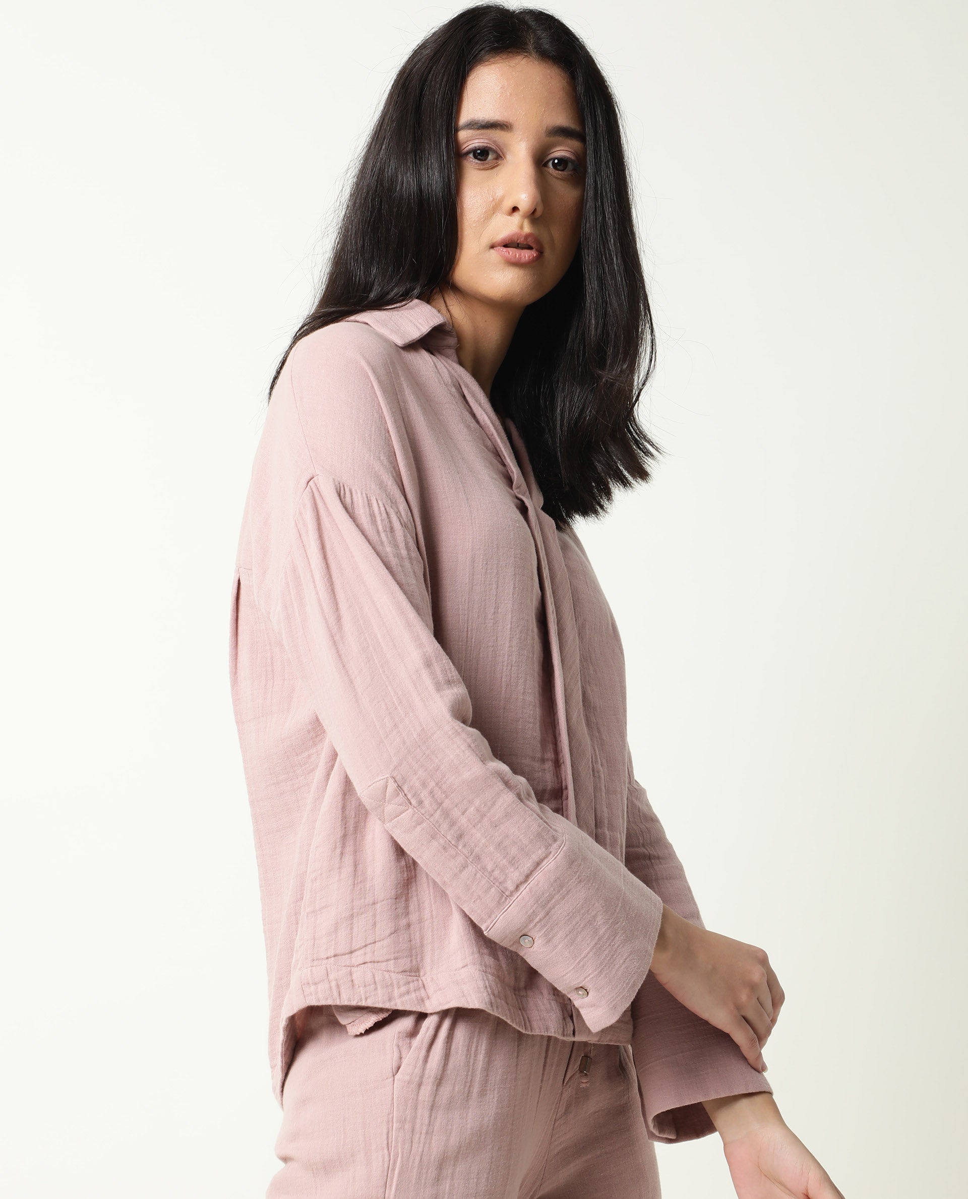 Rareism Womens Hemming Pink Top Cotton Fabric Regular Fit Cuffed Sleeve Collared Neck