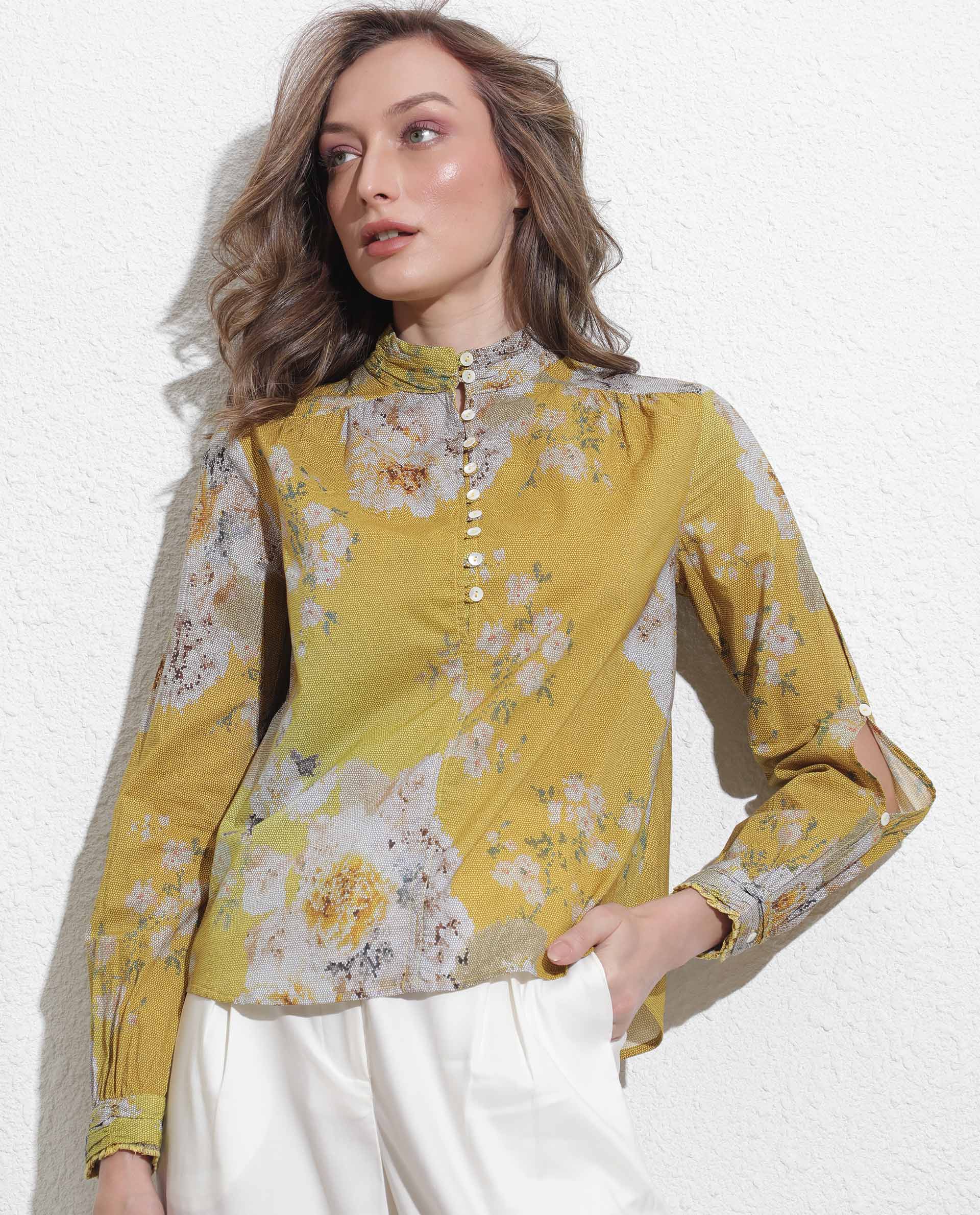 Rareism Women Morgan Dark Yellow Cotton Fabric Regular Fit High Neck Full Sleeves Floral Print Top