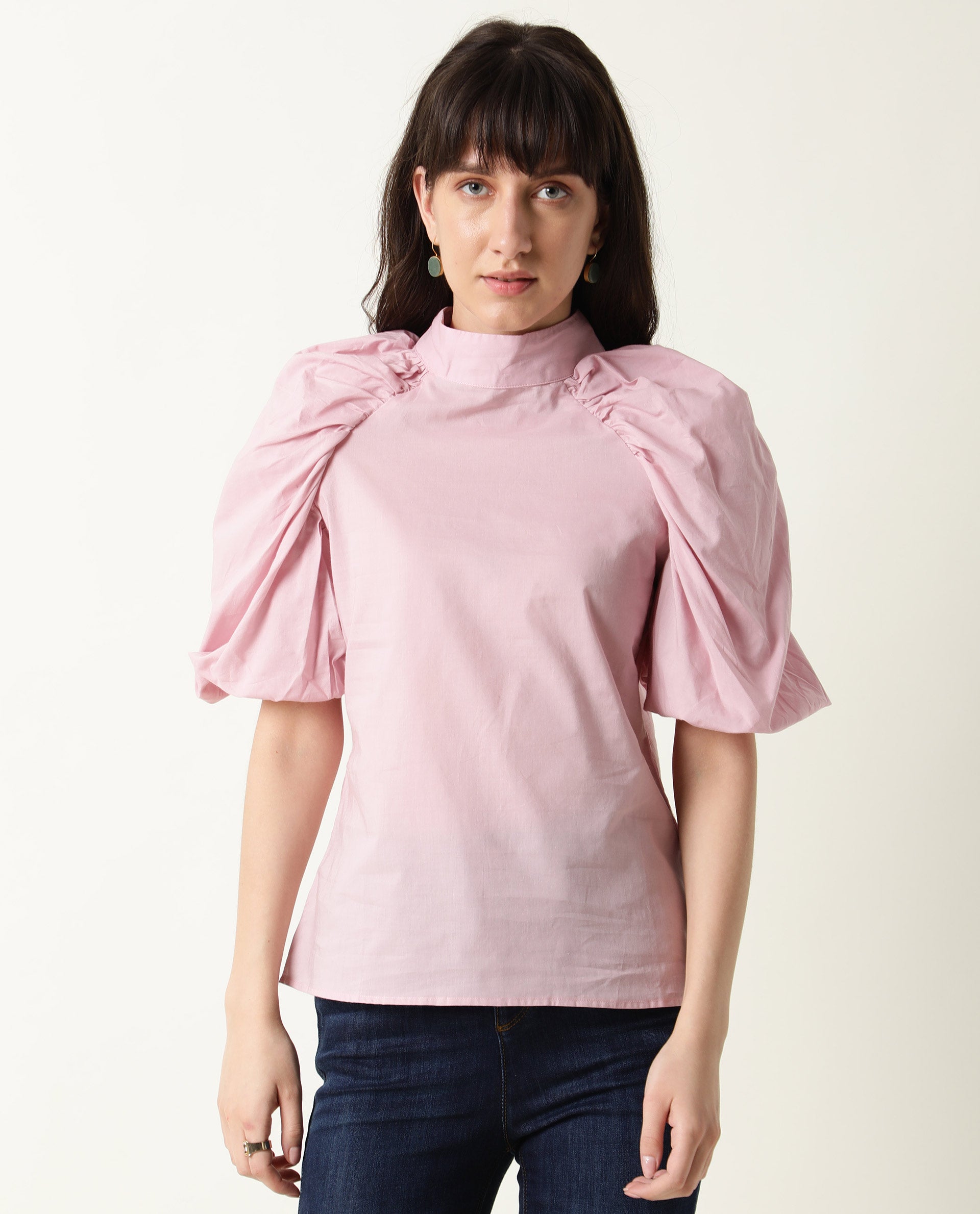 Rareism Womens Bobby Pink Top Cotton Fabric  Half Sleeve High Neck