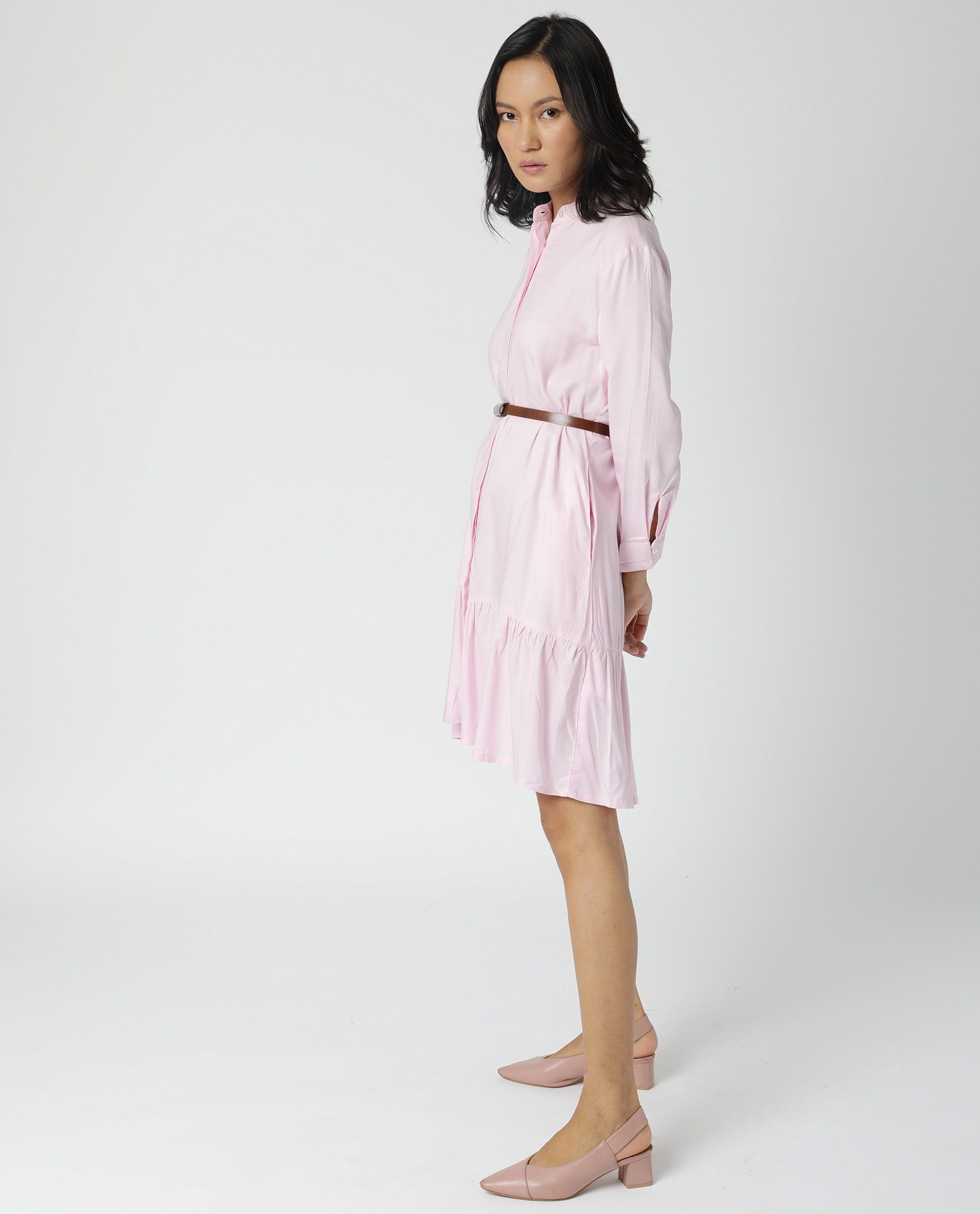 Rareism Women Insert Pink Mandarin Collar 3/4 Sleeves Front Full Button Closure Placket Tiered Knee Length Dress