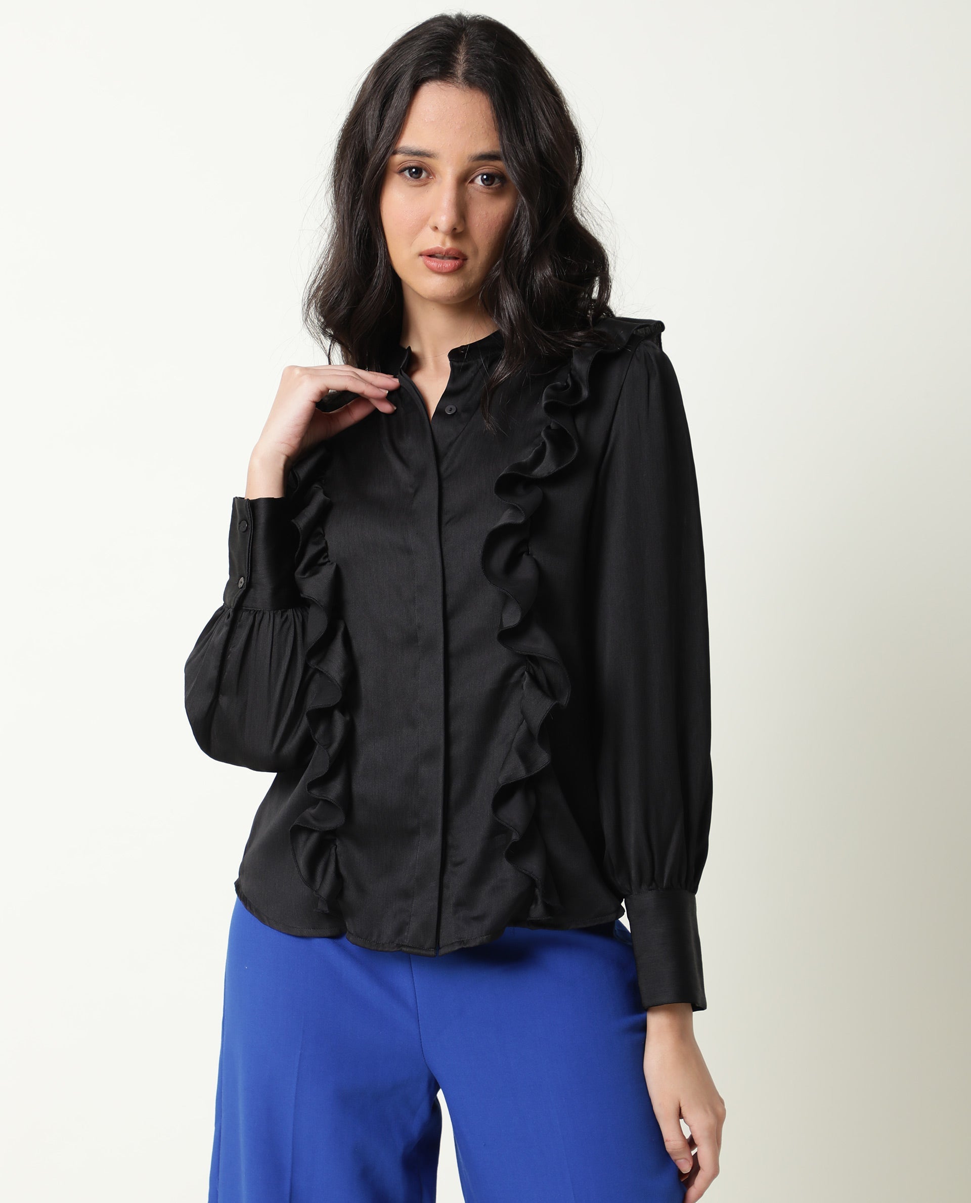 Rareism Womens Chamomile Black Top Polyester Fabric  Fit Regular Sleeves Mandarin Neck