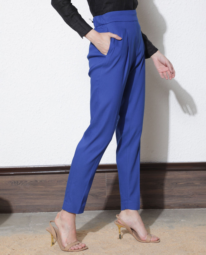 Rareism Women Rosalia Dark Blue Poly Viscose Fabric Relaxed Fit High Rise Solid Ankle Length Trousers