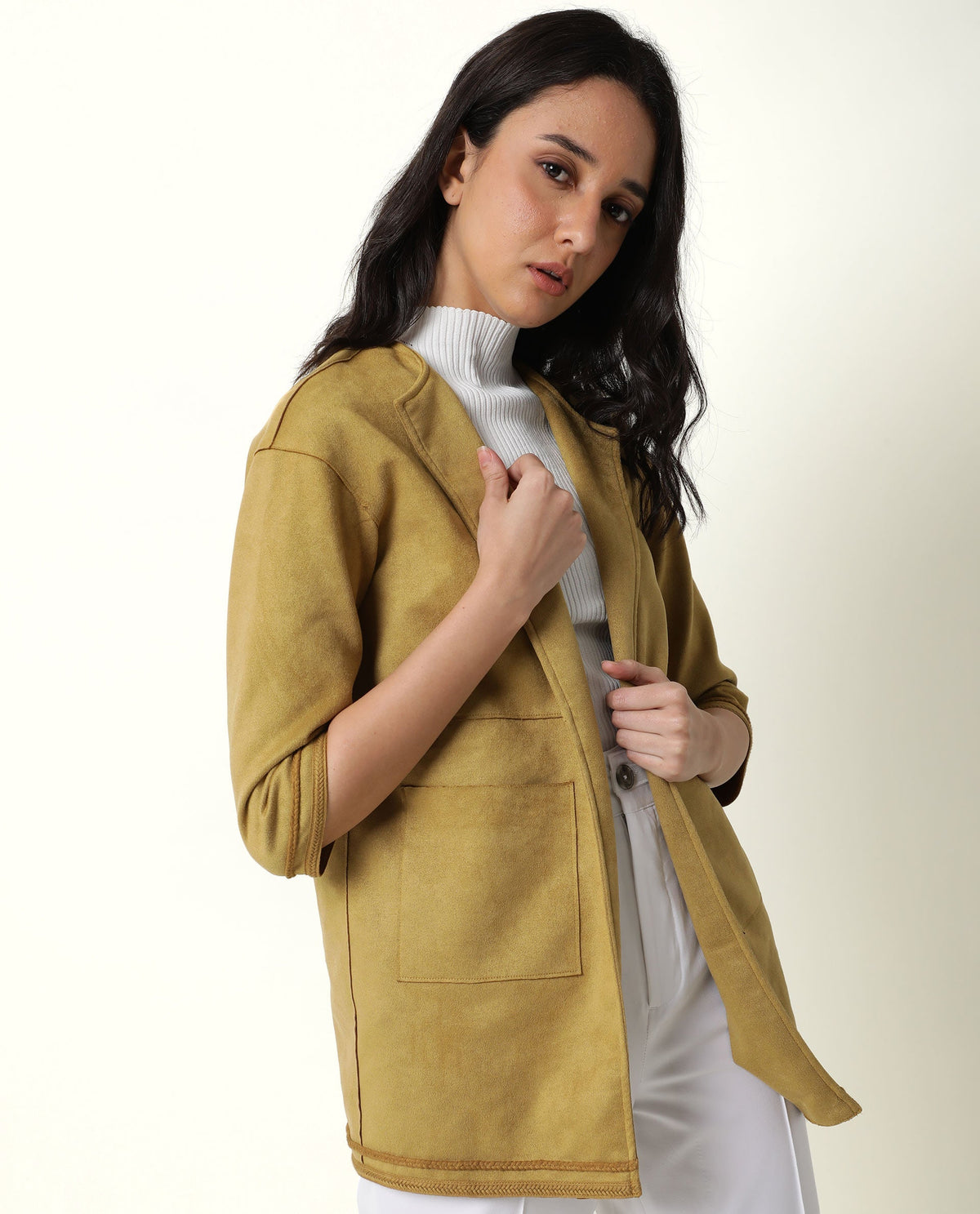 Rareism Women Square Dark Yellow Polyester Fabric 3/4Th Sleeves Solid Boat Neck Jacket