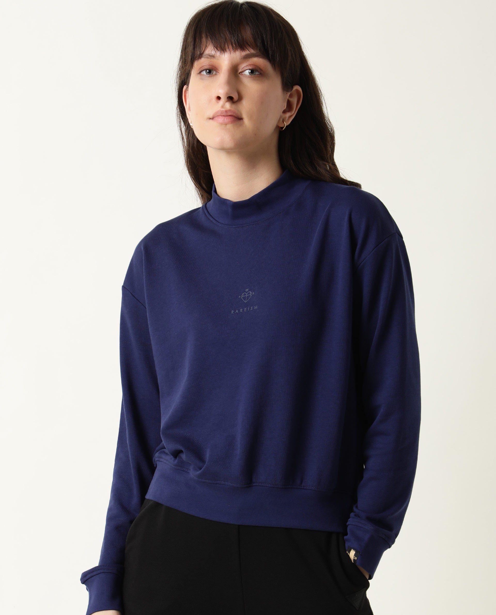 Rareism Women Necker Blue  Relaxed Fit Full Sleeves Solid High Neck Sweatshirt