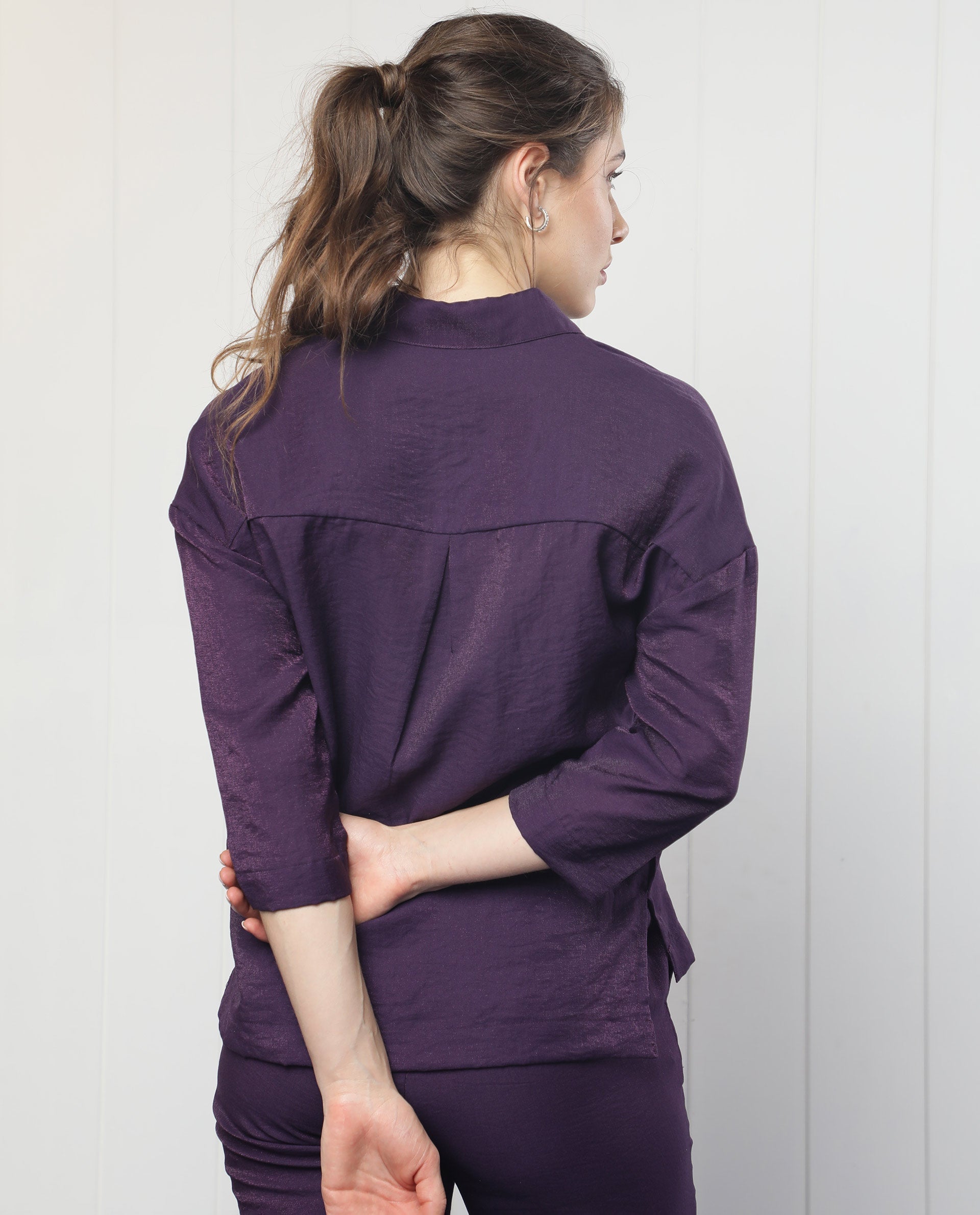 Rareism Women Velynn Dark Purple Polyester Fabric Regular Fit Shirt Collar 3/4Th Sleeves Solid Top