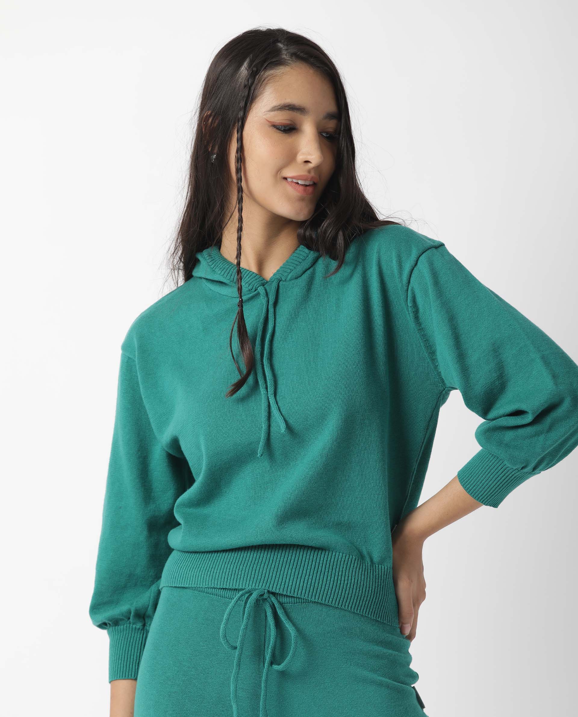 Rareism Women Finn Green Cotton Fabric Relaxed Fit Full Sleeves Solid Knee Length Hooded Track Suit