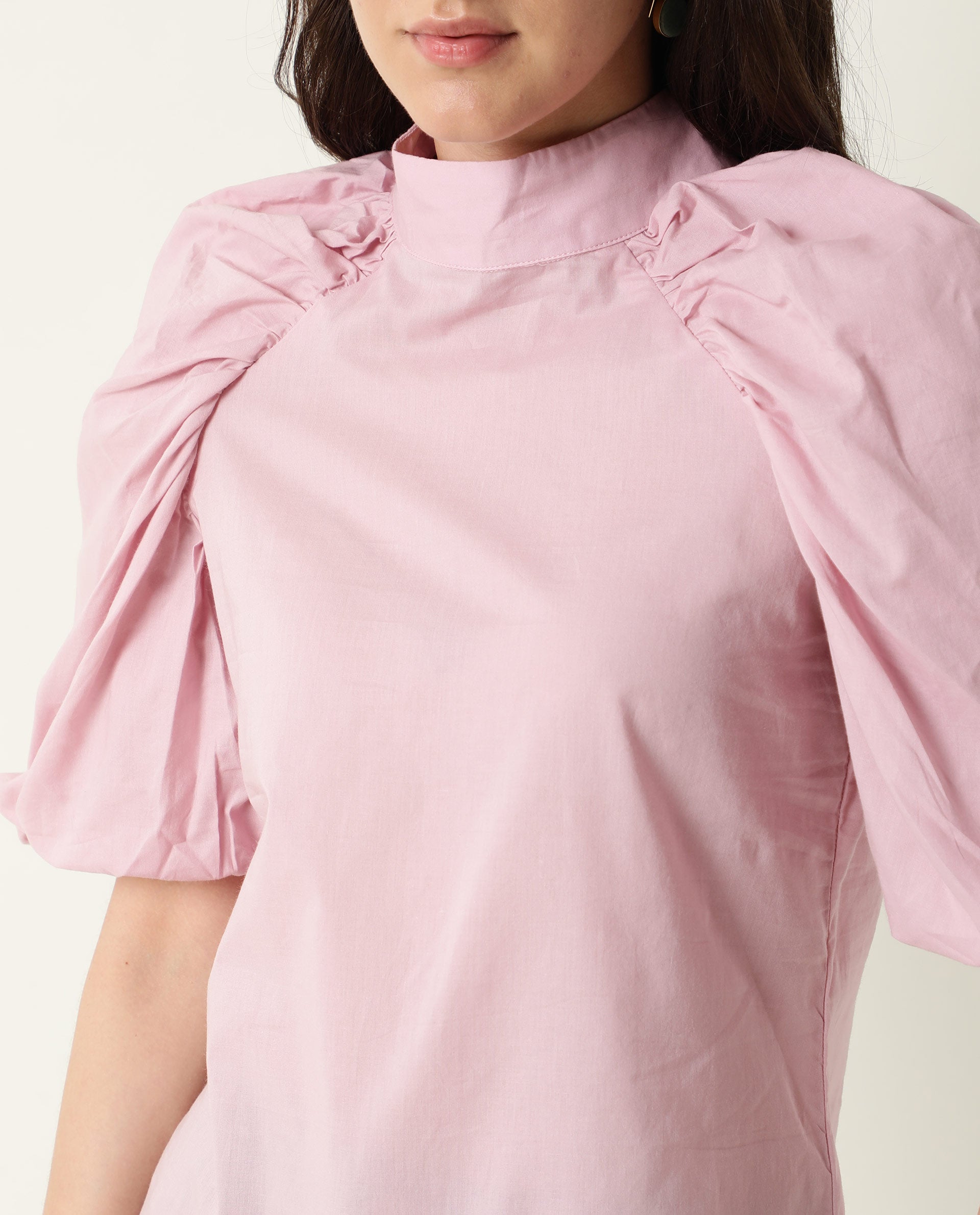 Rareism Womens Bobby Pink Top Cotton Fabric  Half Sleeve High Neck