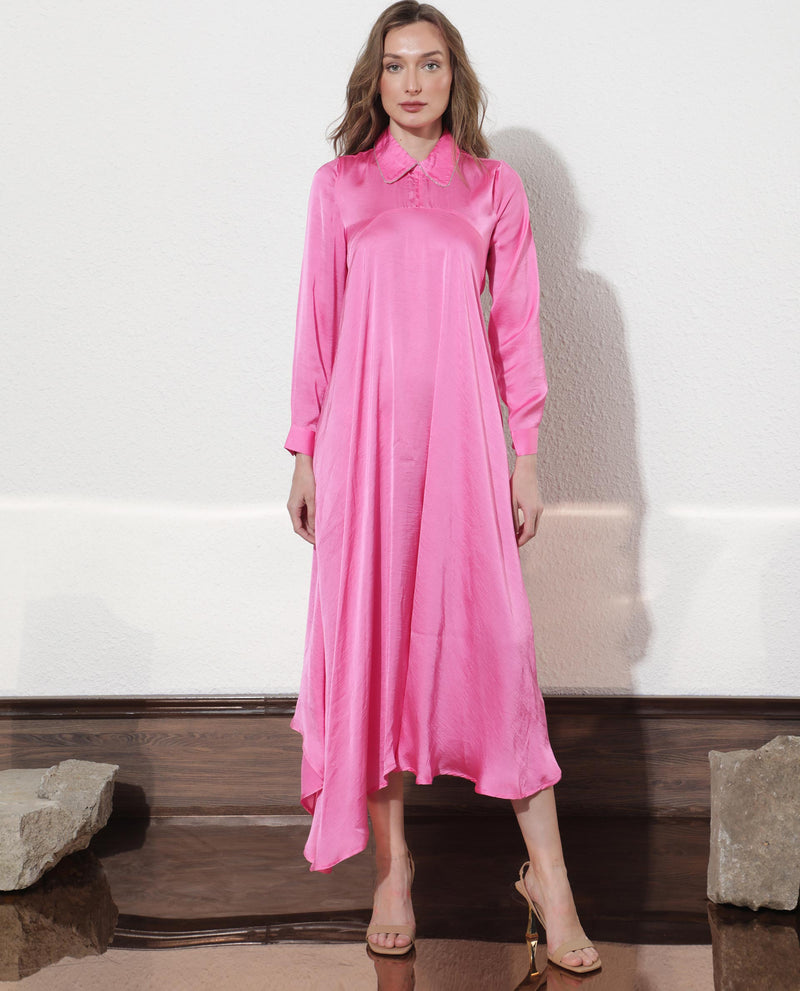 Rareism Women Galaxyy Fluorescent Pink Modal Fabric Full Sleeves Zip Closure Shirt Collar Regular Fit Plain Maxi Asymmetric Dress