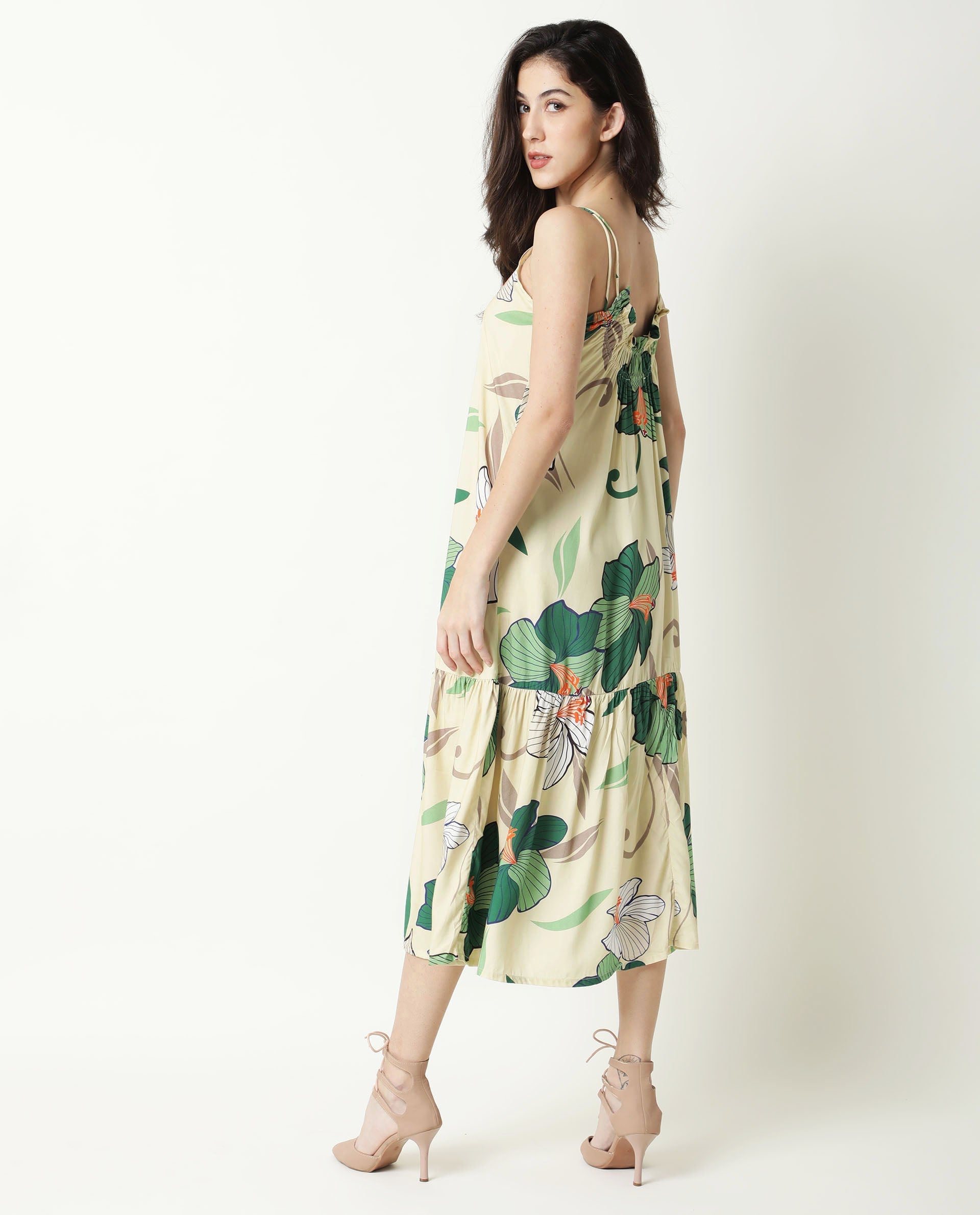Rareism Women's Etana Offwhite Viscose V-Neck Floral Print Shoulder Strap Knee Length Regular Fit Dress