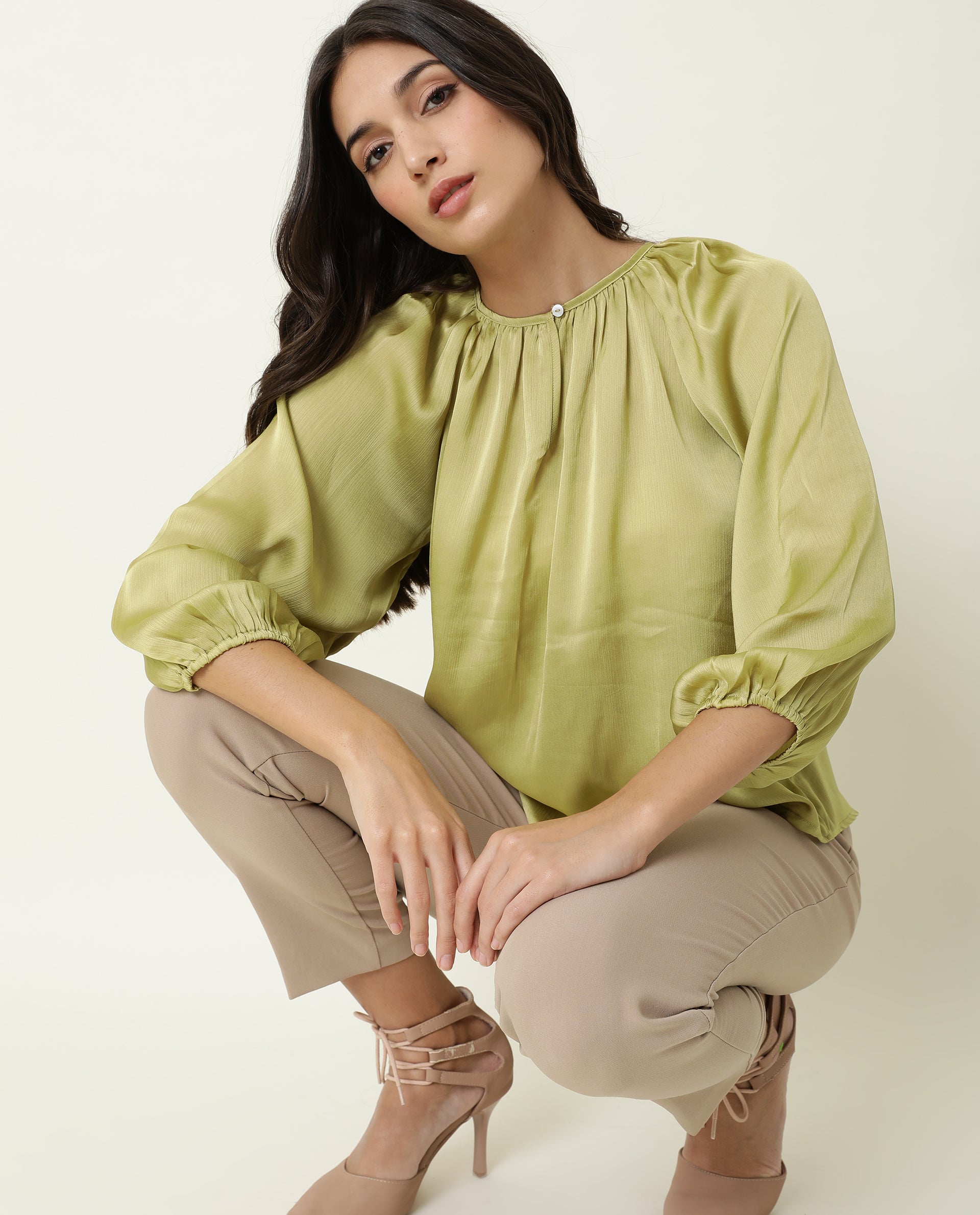 Rareism Womens Fall Green Top Polyester Fabric  Full Sleeve Boat Neck