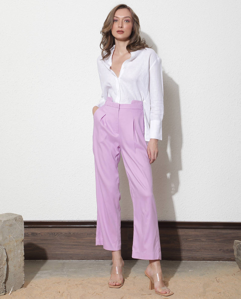 Rareism Women Evanova Pastel Purple Viscose Fabric Tailored Fit High Rise Solid Ankle Length Trousers