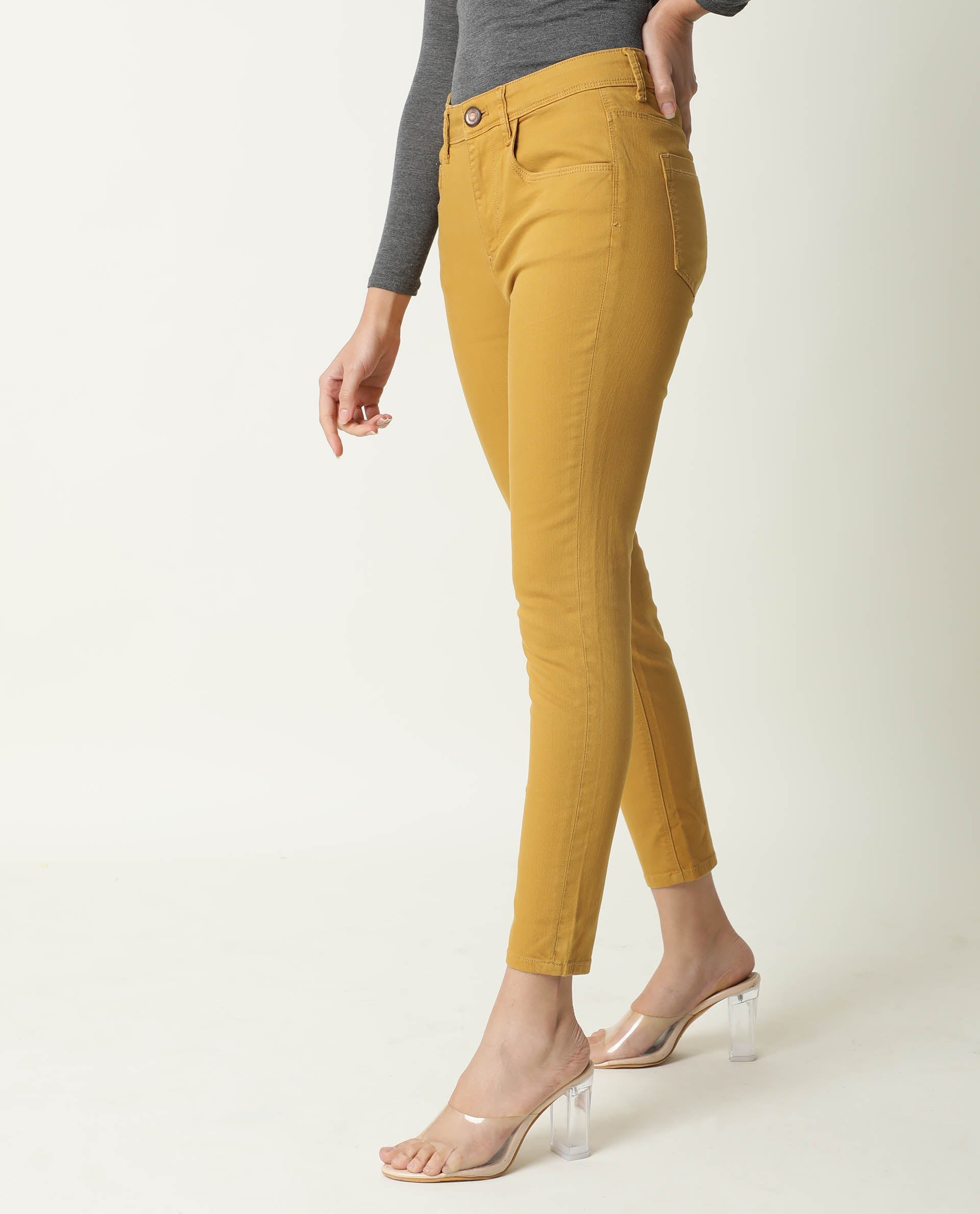 Rareism Women Metty Mustard Cotton Lycra Fabric Mid Rise Solid Slim Fit Ankle Length Jeans