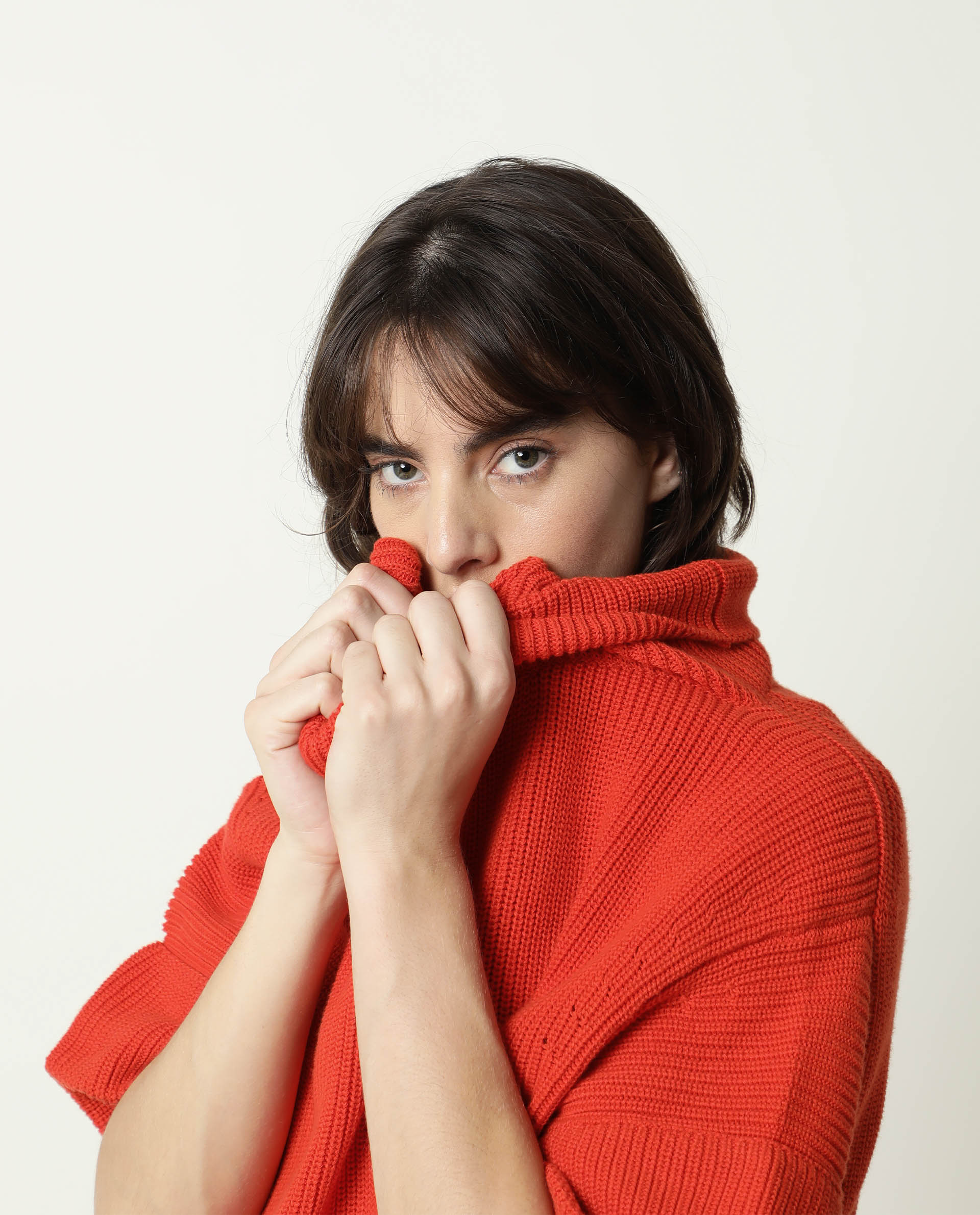 Rareism Women Daffy Orange Cotton Fabric Half Sleeves Relaxed Fit Solid Cowl Neck Sweater