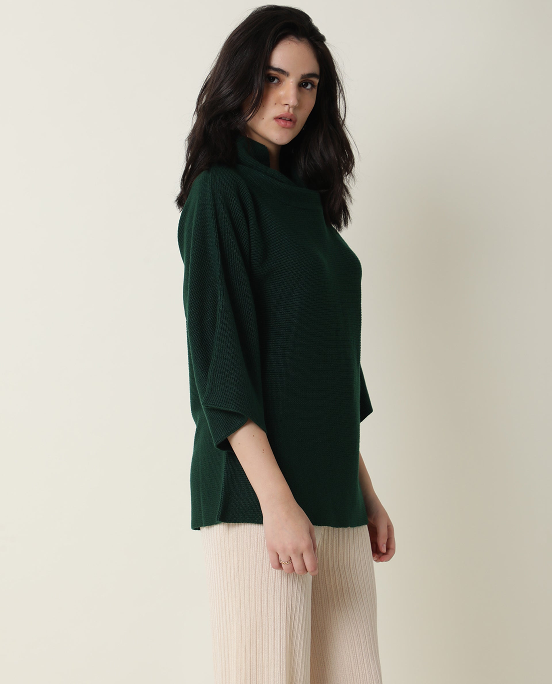 Rareism Women Sasho Green Acrylic Fabric 3/4Th Sleeves Relaxed Fit Solid Cowl Neck Sweater