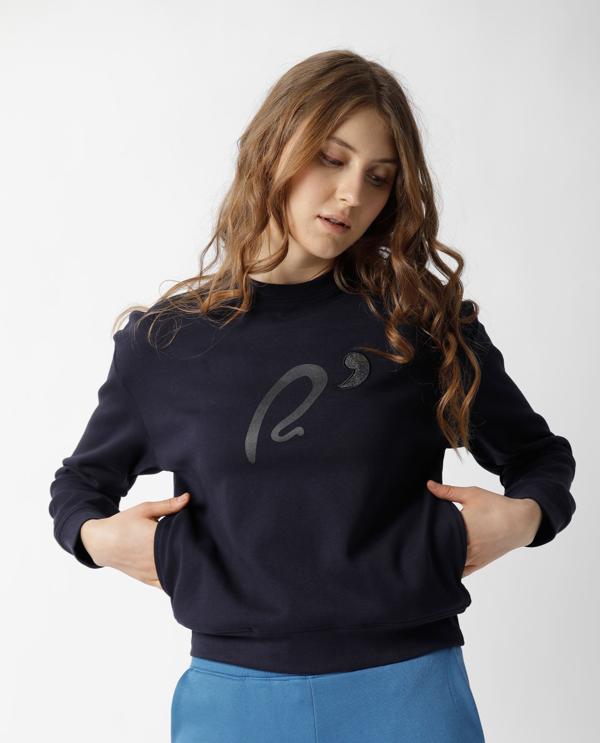 Rareism Women Slashy Navy  Relaxed Fit Full Sleeves Solid Crew Neck Sweatshirt