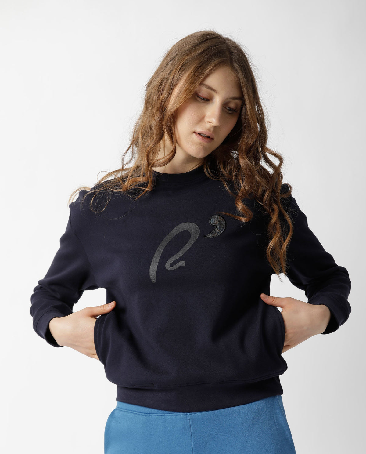 Rareism Women Slashy Navy  Relaxed Fit Full Sleeves Solid Crew Neck Sweatshirt