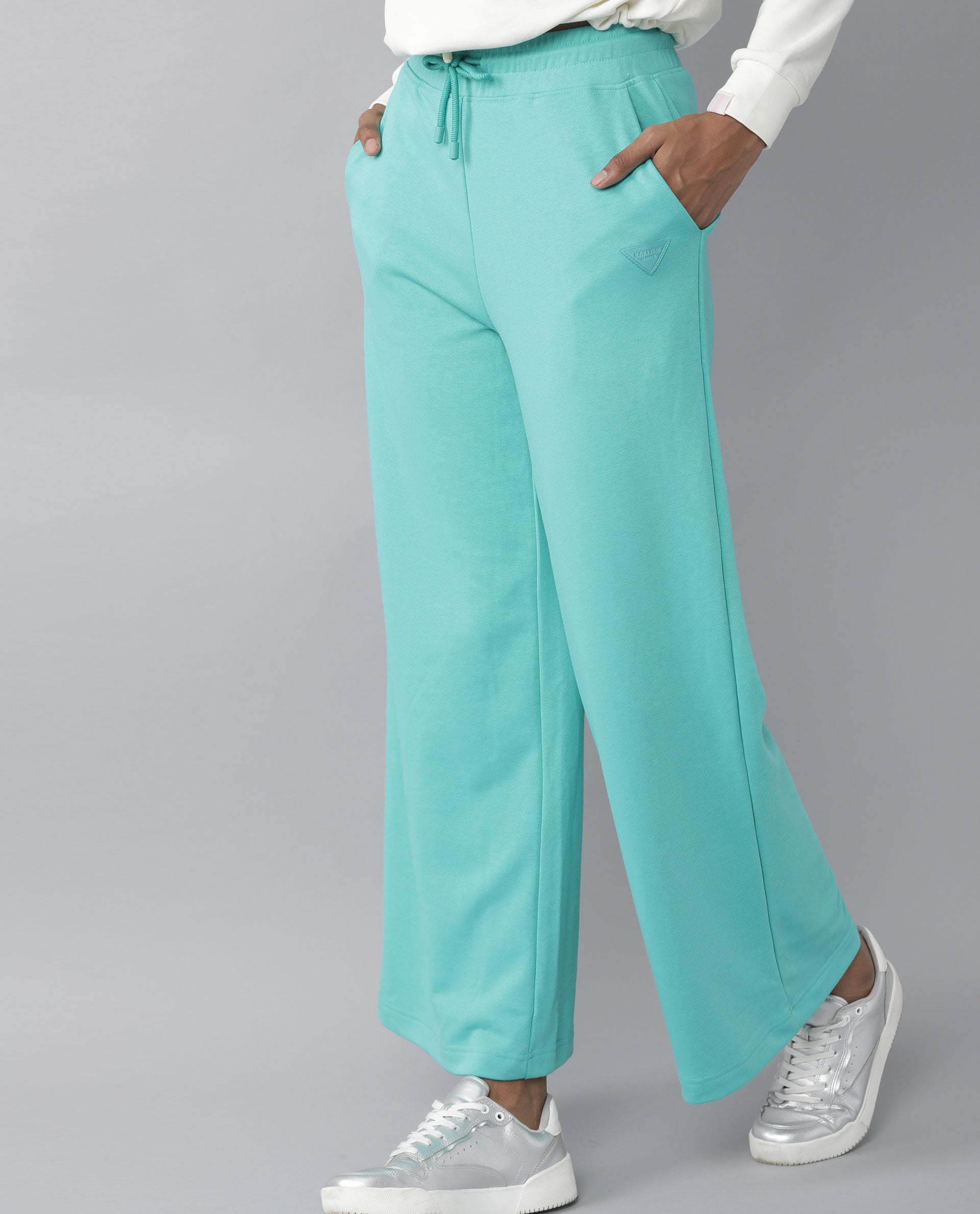 Rareism Women Pazo-1 Turq Poly Cotton Fabric Relaxed Fit Solid Mid Rise Ankle Length Track Pant