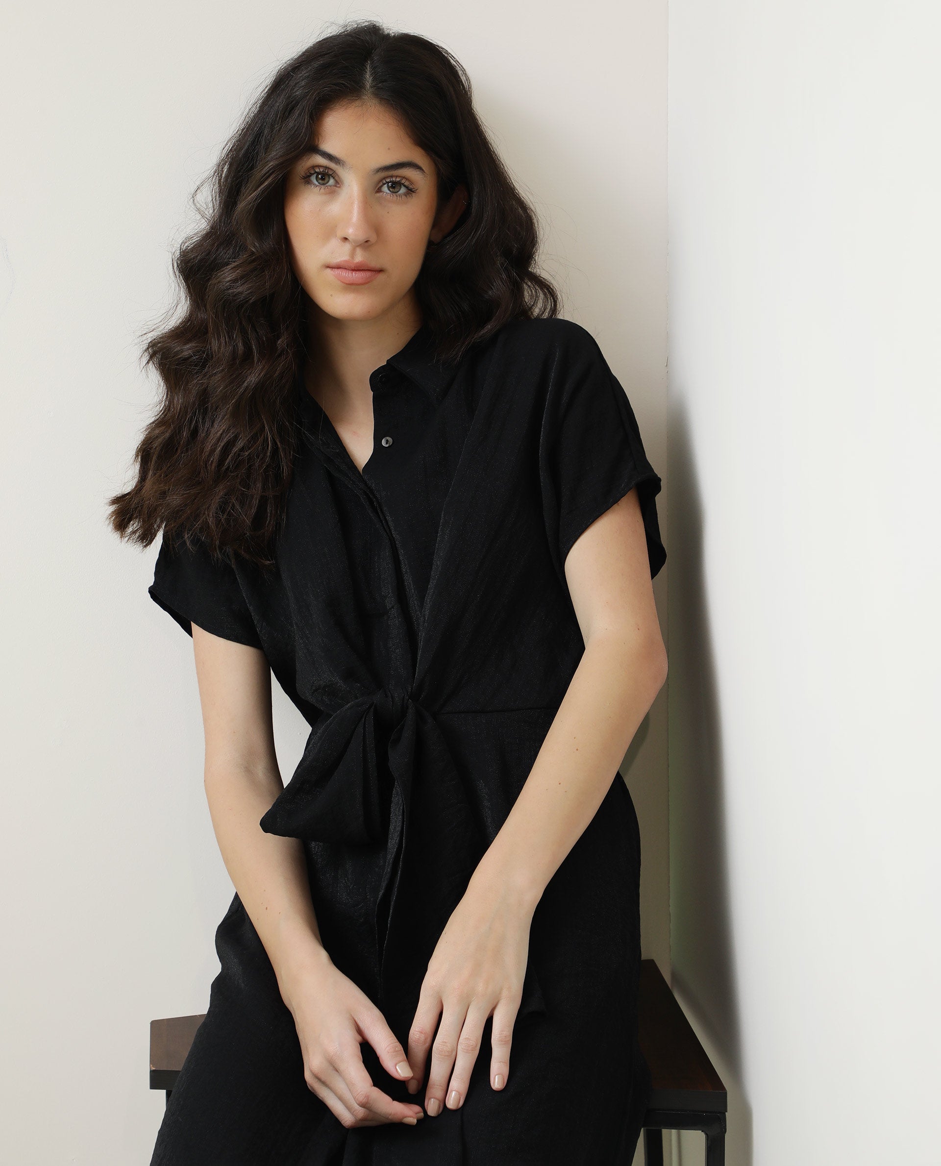 Rareism Women Kori Black Dress Rayon Nylon Fabric Full Sleeves Solid