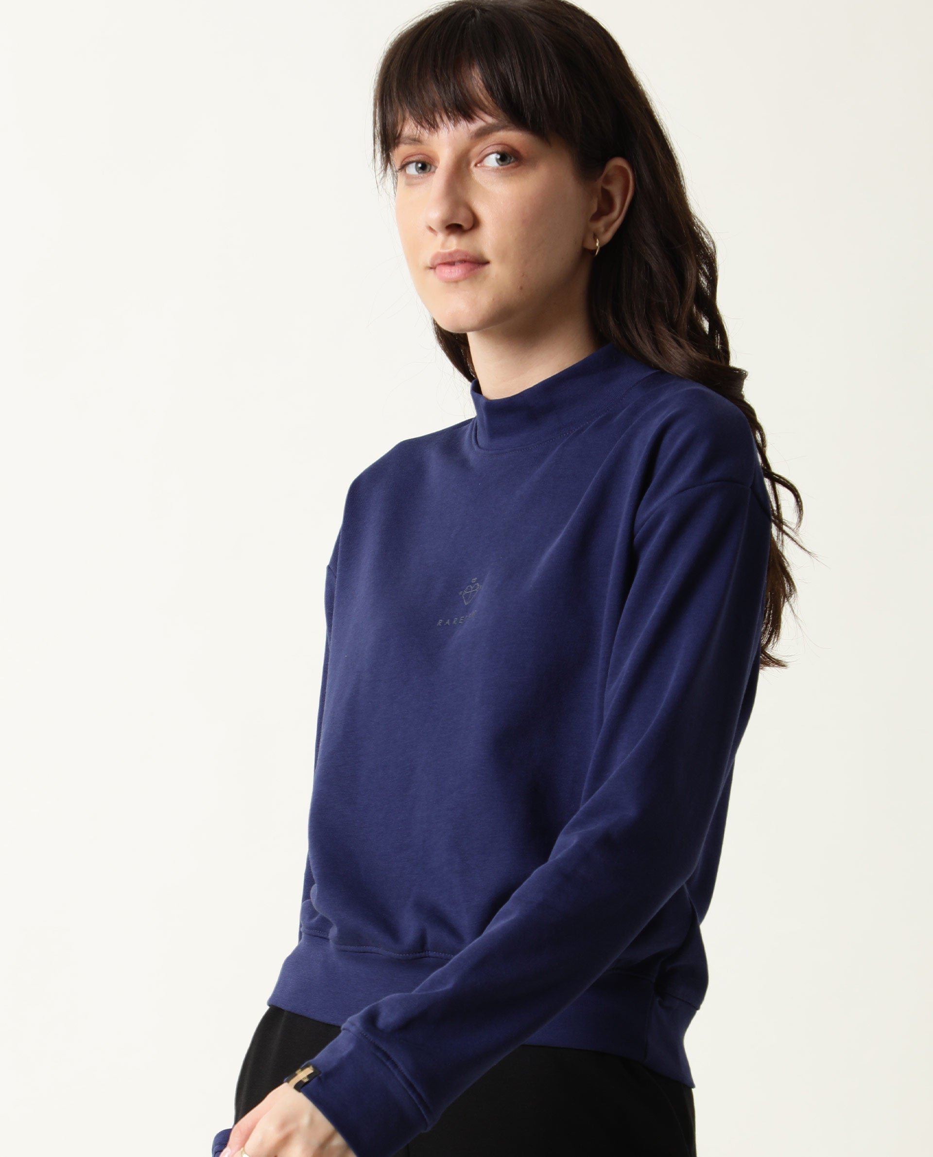 Rareism Women Necker Blue  Relaxed Fit Full Sleeves Solid High Neck Sweatshirt
