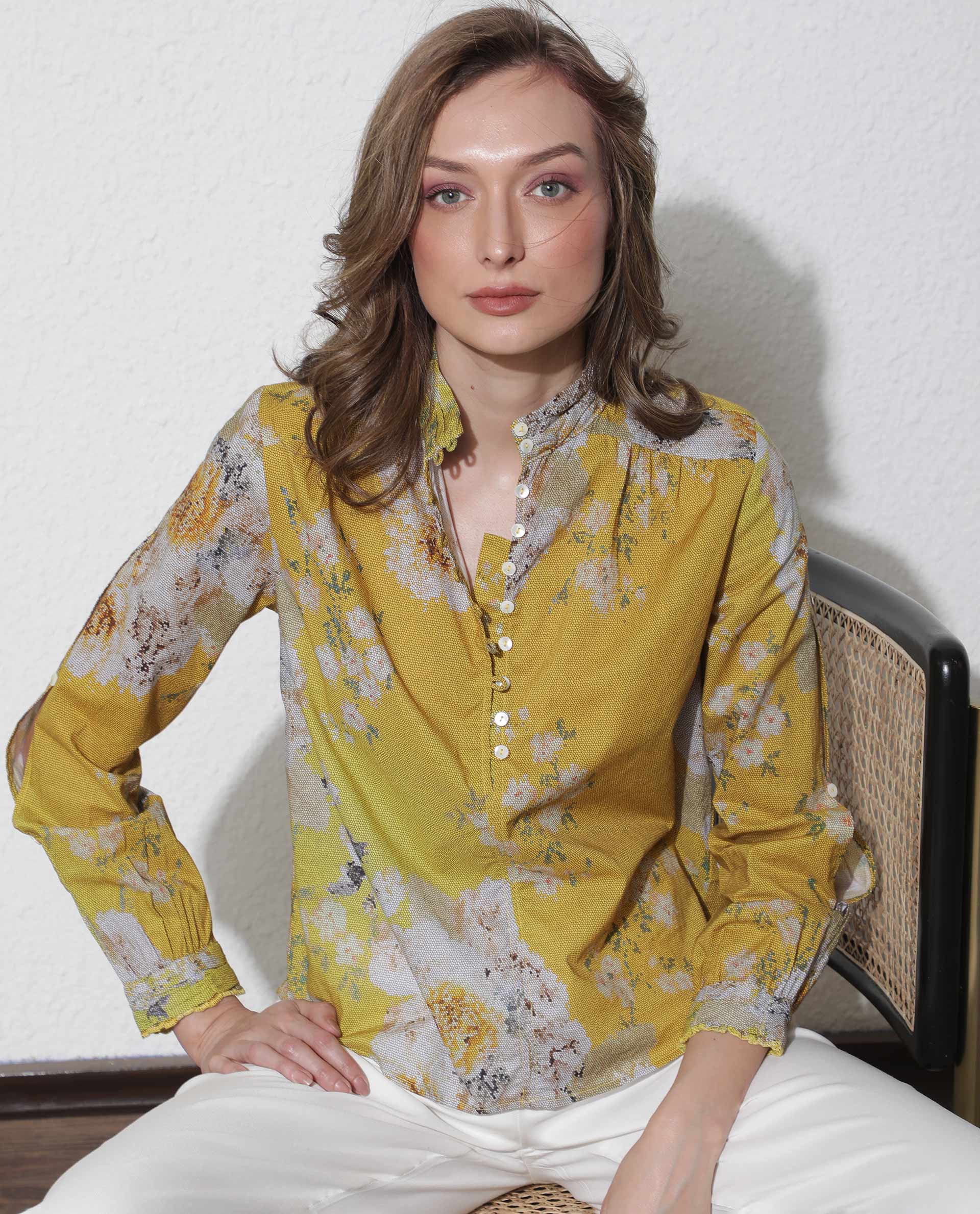 Rareism Women Morgan Dark Yellow Cotton Fabric Regular Fit High Neck Full Sleeves Floral Print Top