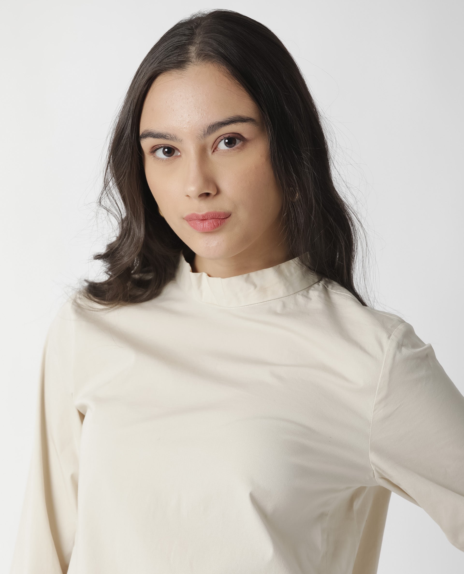 Rareism Womens Monet Beige Top Cotton Lycra Fabric Regular Fit 3/4 Sleeve Collared Neck