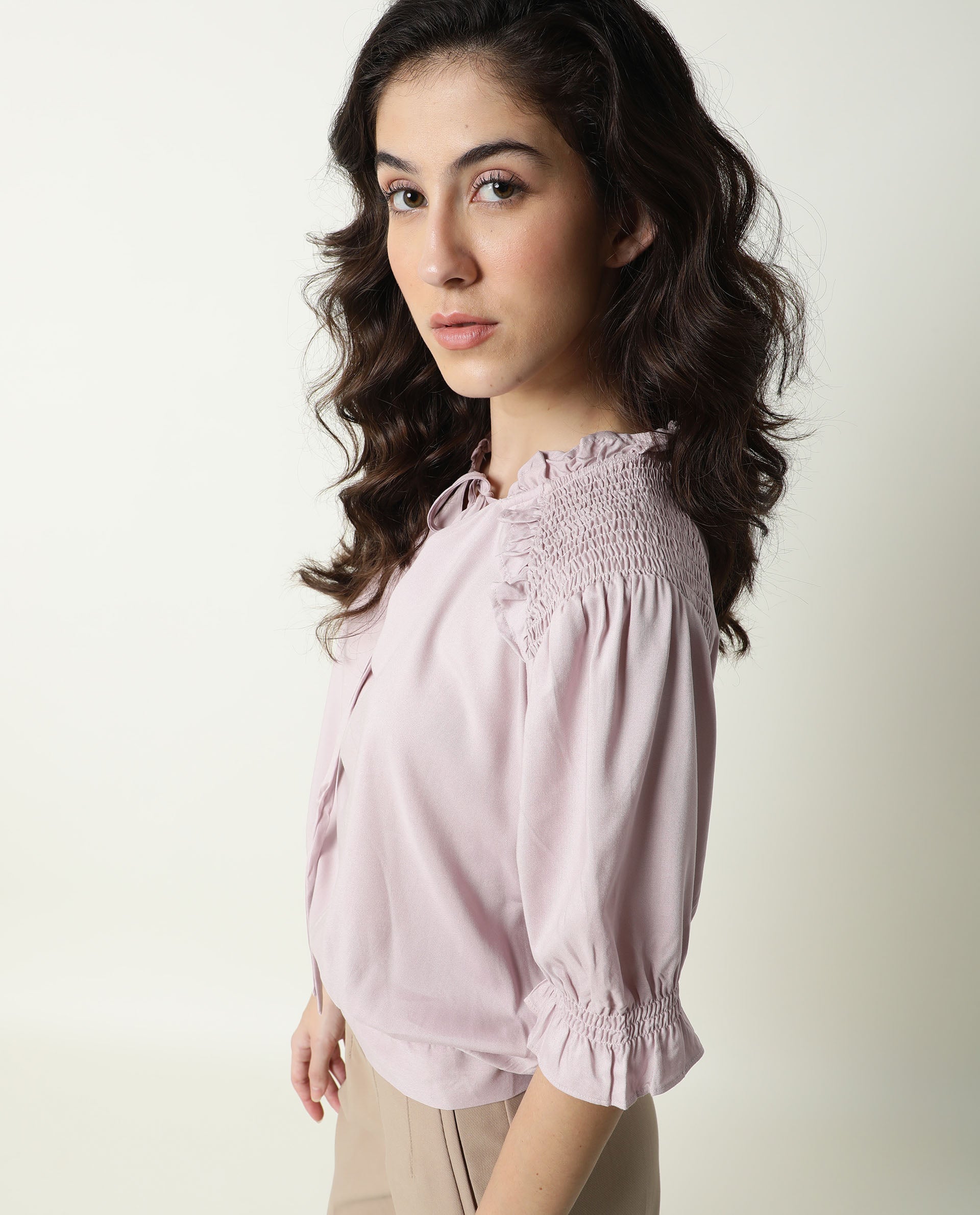 Rareism Womens Jazz Purple Top Viscose Fabric Regular Fit Puff Sleeves Tie Up Neck
