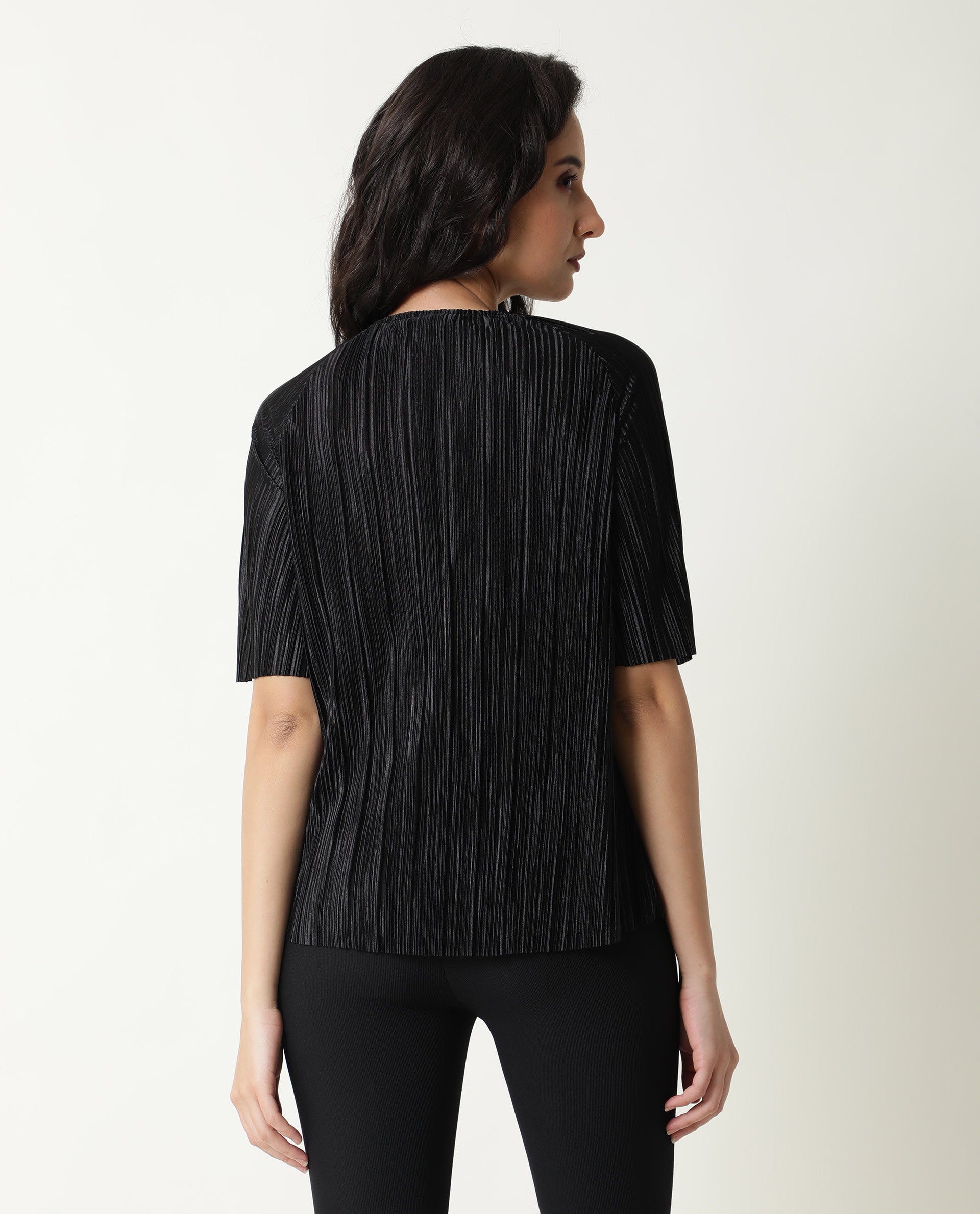 Rareism Women Shory Black Top Polyester Fabric Full Sleeves Solid
