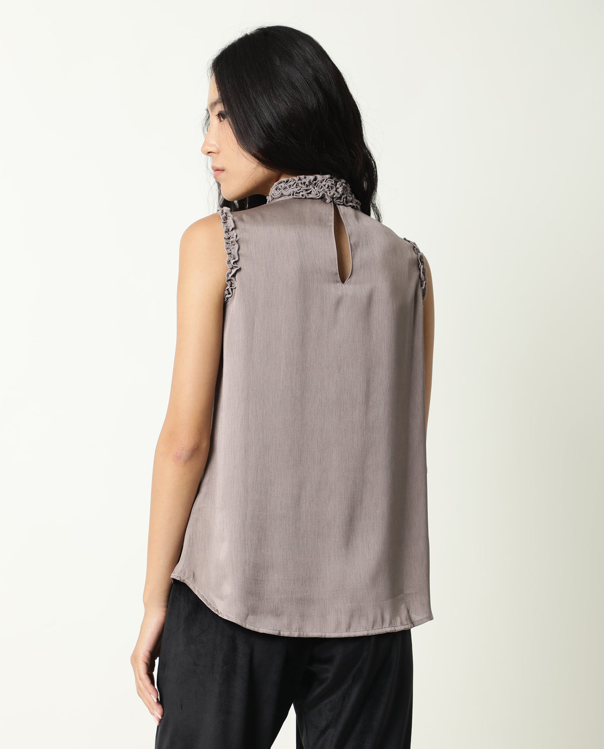 Rareism Womens Baileys Beige Top Polyester Fabric  Sleeveless Ruffled Neck