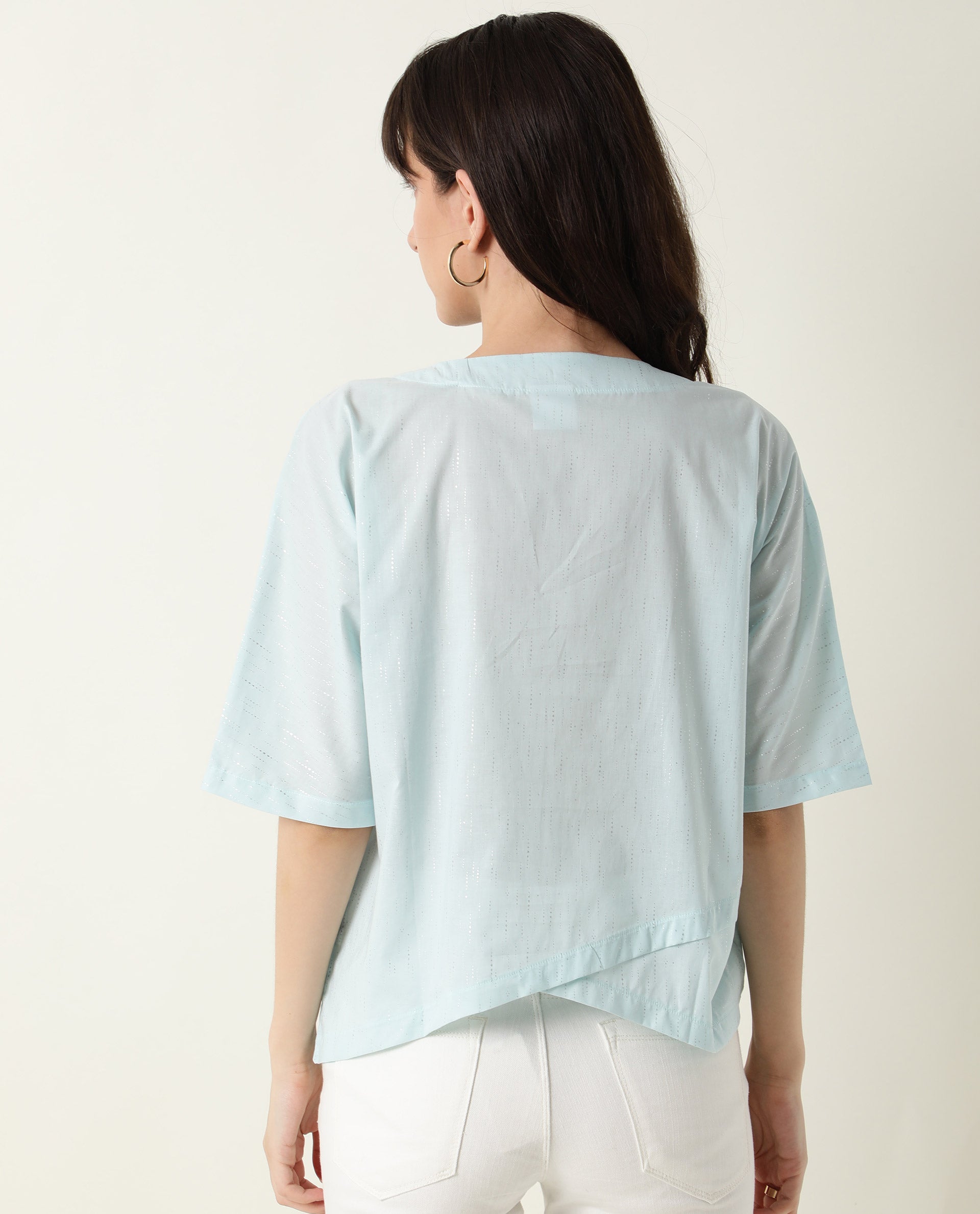 Rareism Women Xerox Light Turq Cotton Fabric Regular Fit Boat Neck Half Sleeves Solid Top